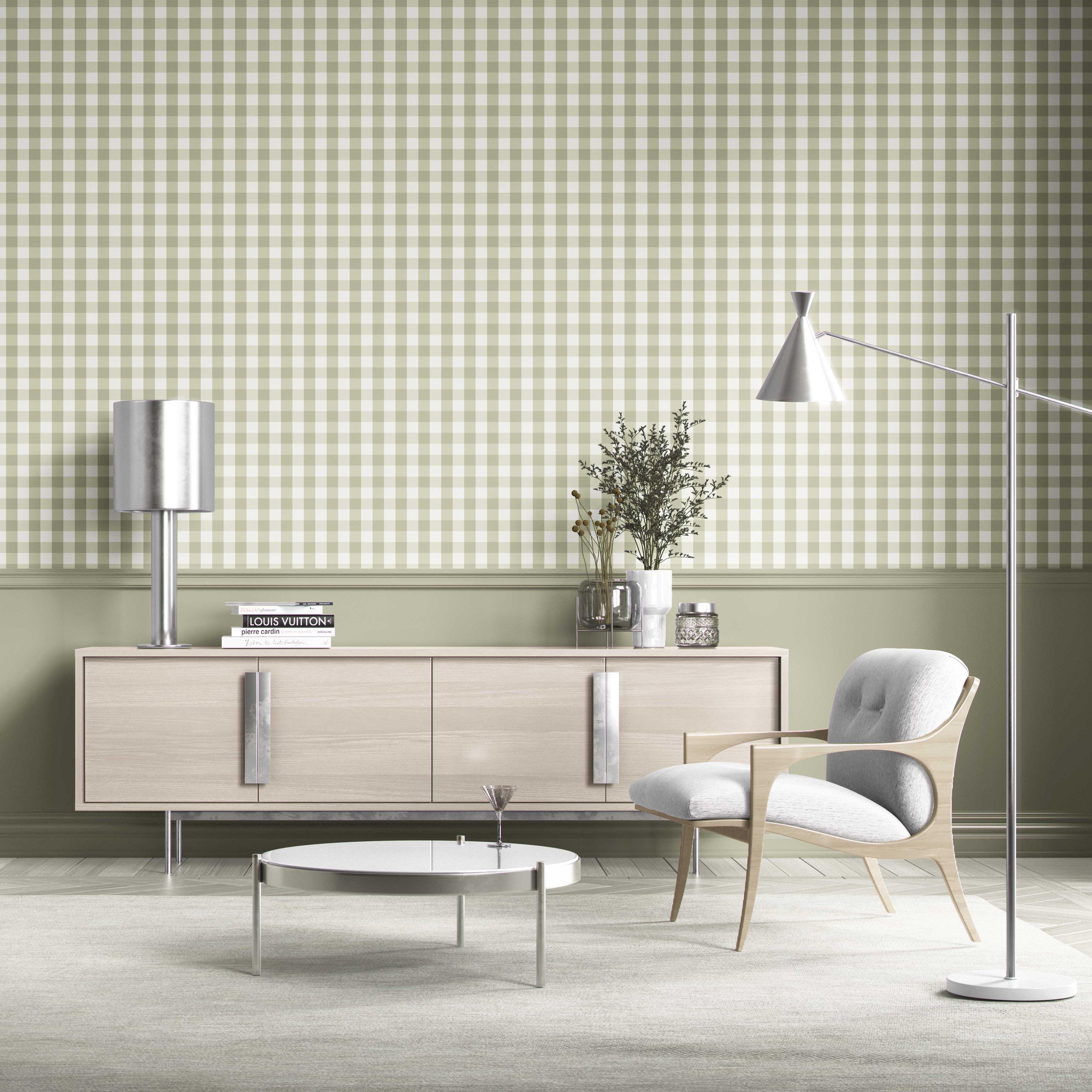 Geometric Gingham Living Room Wallpaper Sample (Olive Green)
