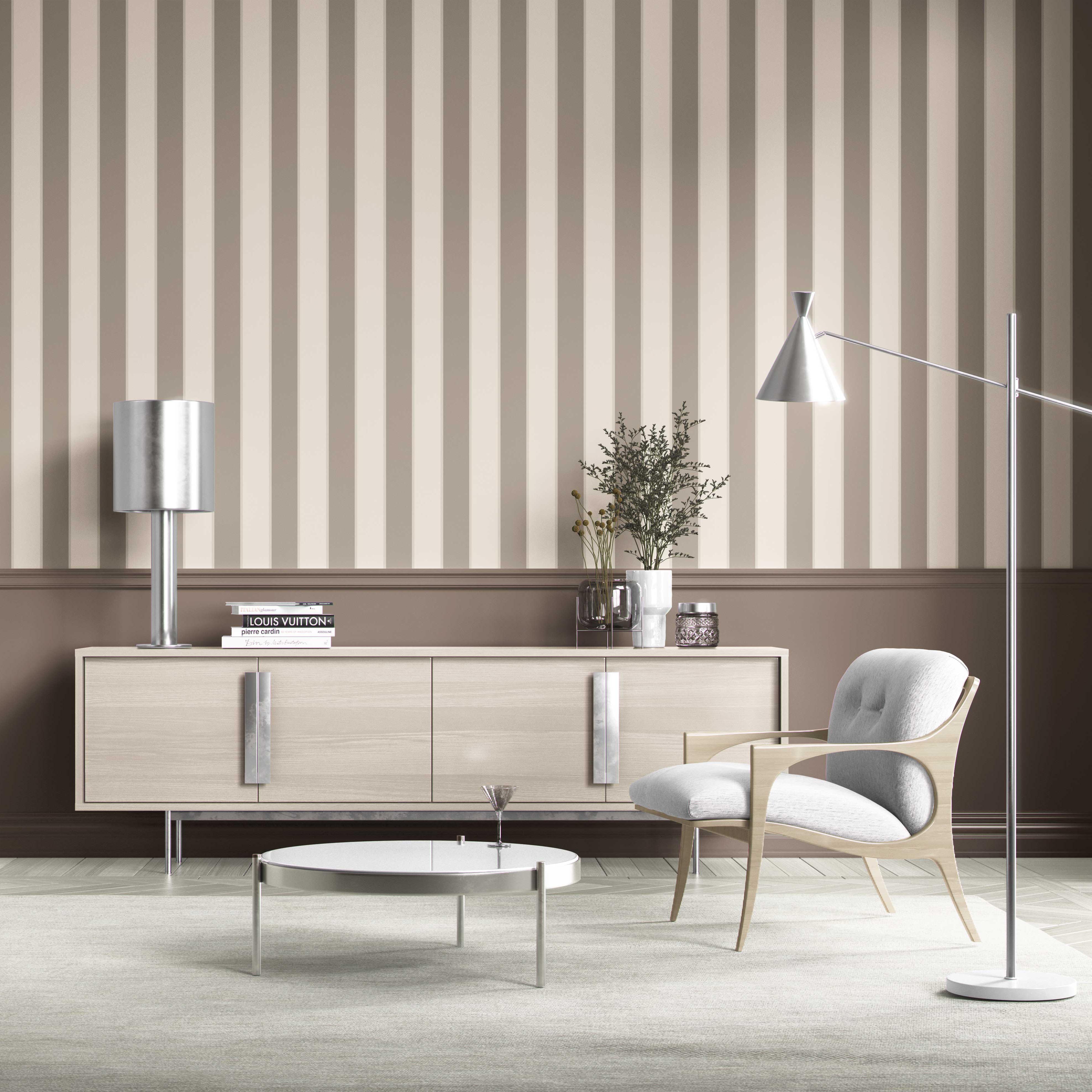 Neutral Geometric Striped Shower Toilet Wallpaper (Cream/ Taupe Gray/ Brown)