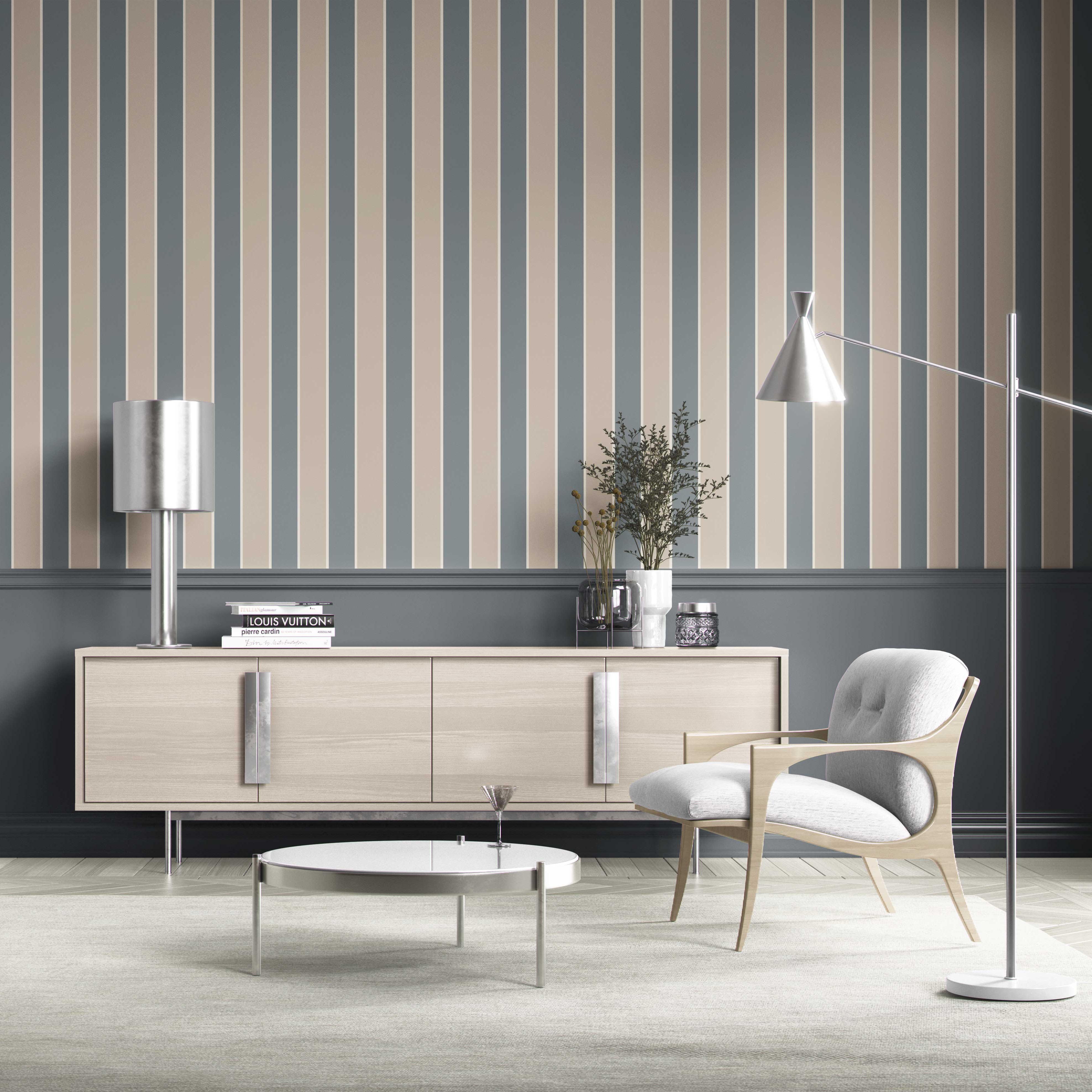 Neutral Geometric Striped Bathroom Wallpaper (Stone Blue/ Beige)
