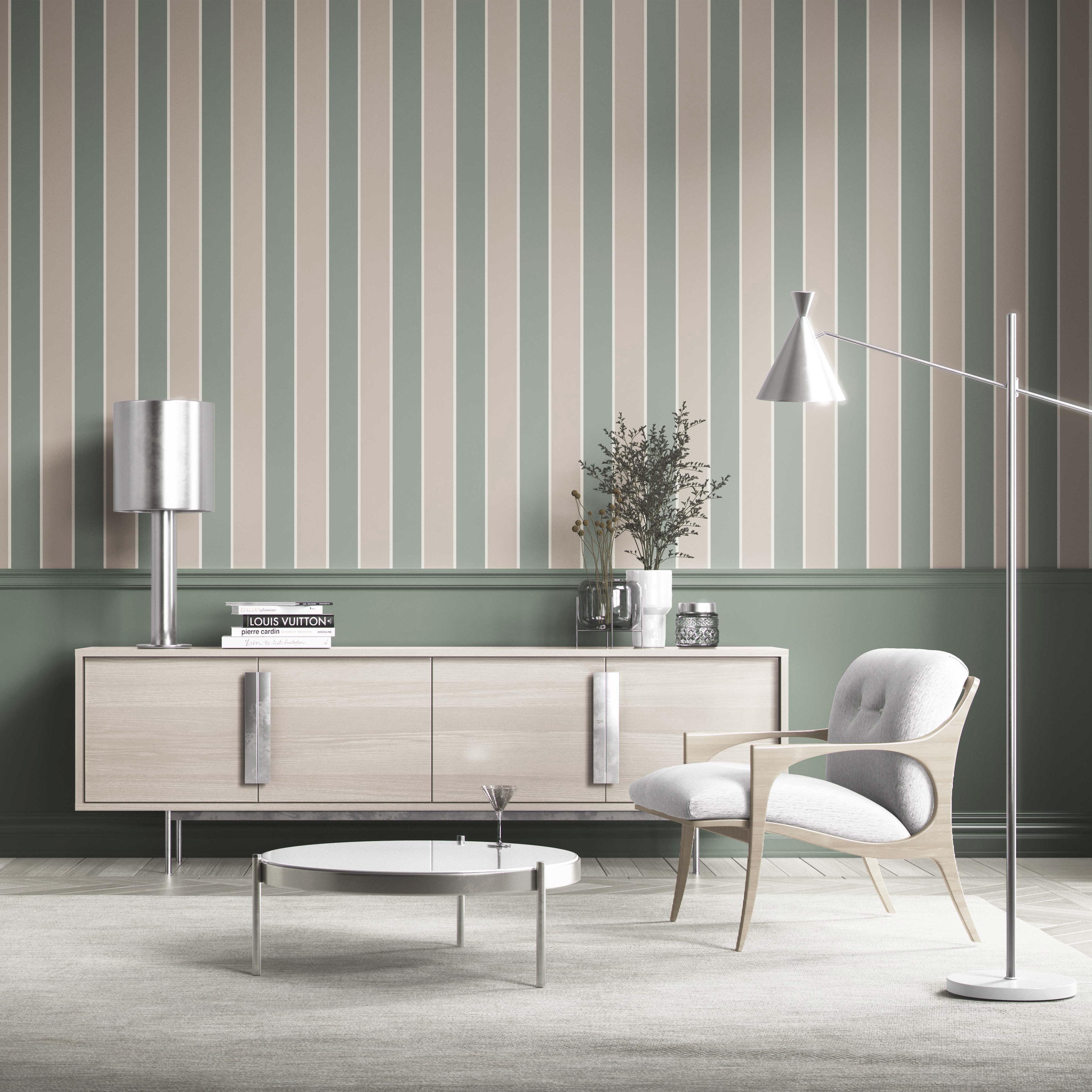 Geometric Striped Bathroom Wallpaper Sample (Green / Beige)