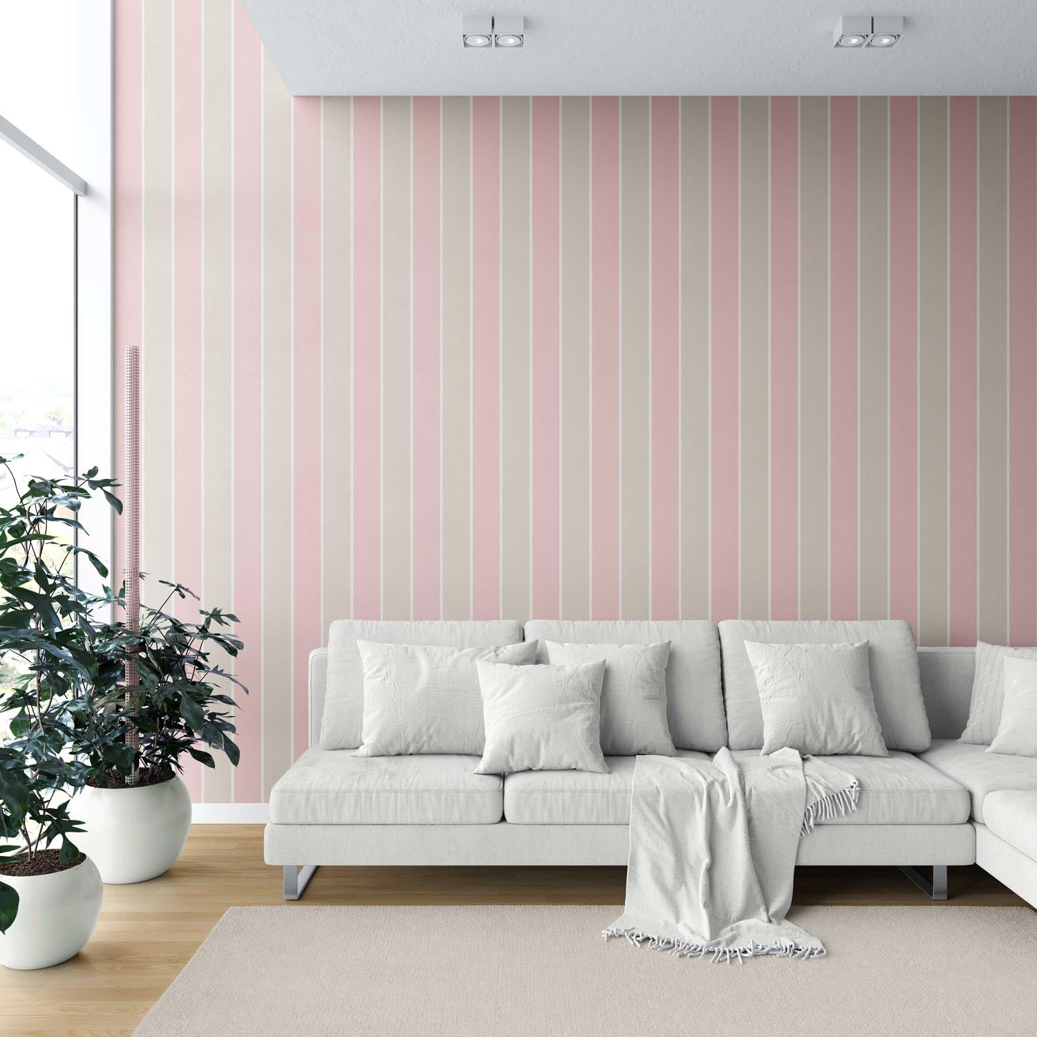 Geometric Striped Shower Toilet Wallpaper Sample (Soft Pink/ Taupe)