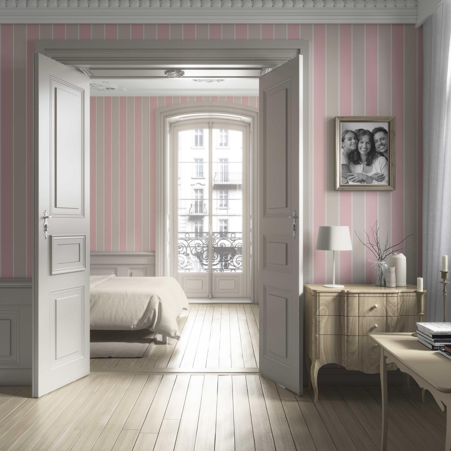 Geometric Striped Bathroom Wallpaper Sample (Soft Pink/ Taupe)