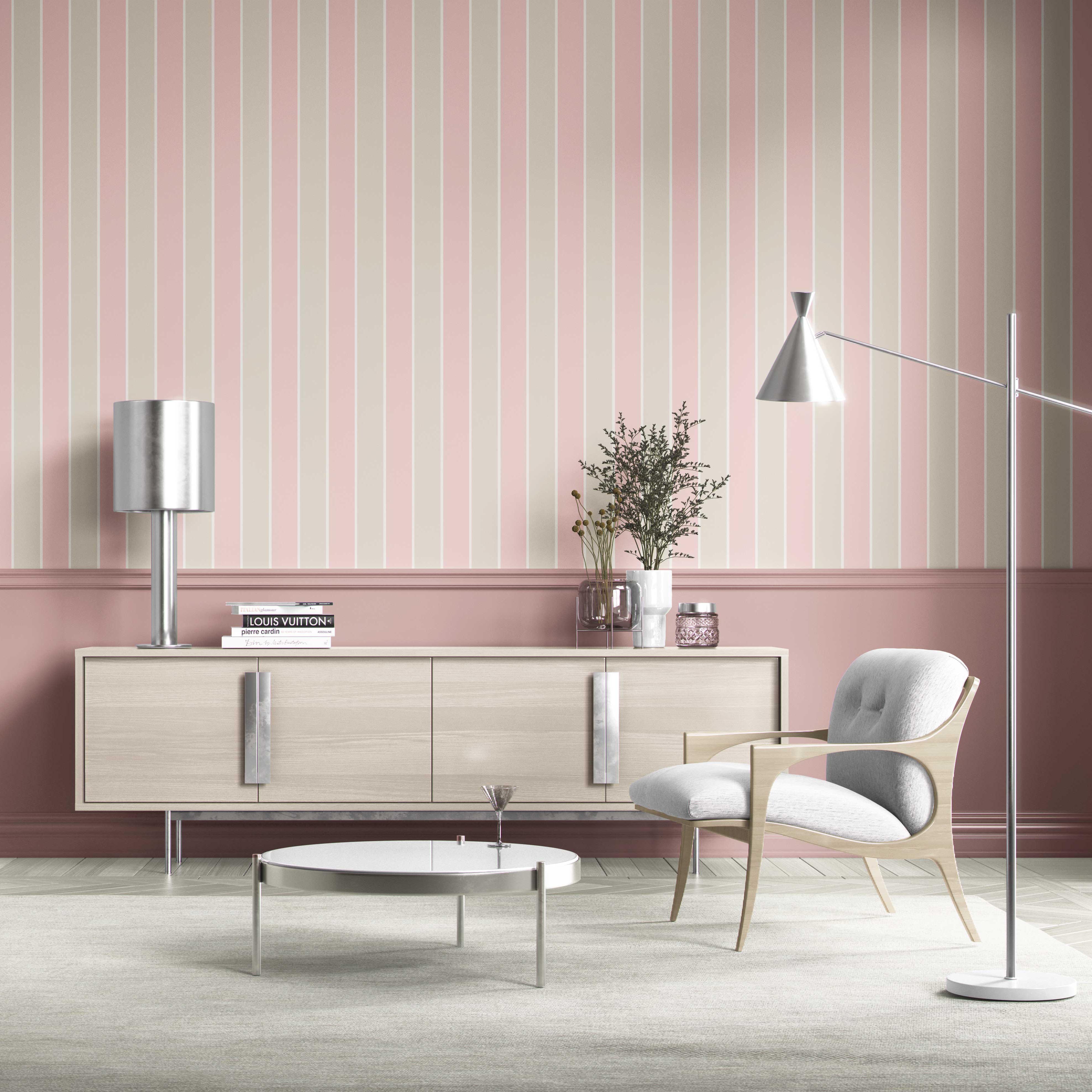 Geometric Striped Kitchen Wallpaper Sample (Soft Pink/ Taupe)