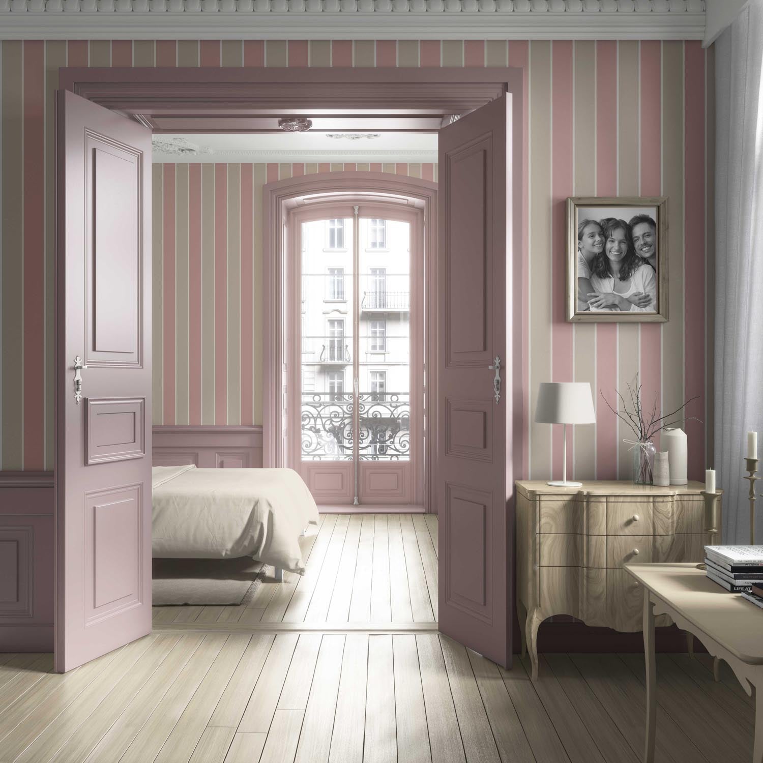 Geometric Striped Bathroom Wallpaper (Dusty Pink/ Taupe)