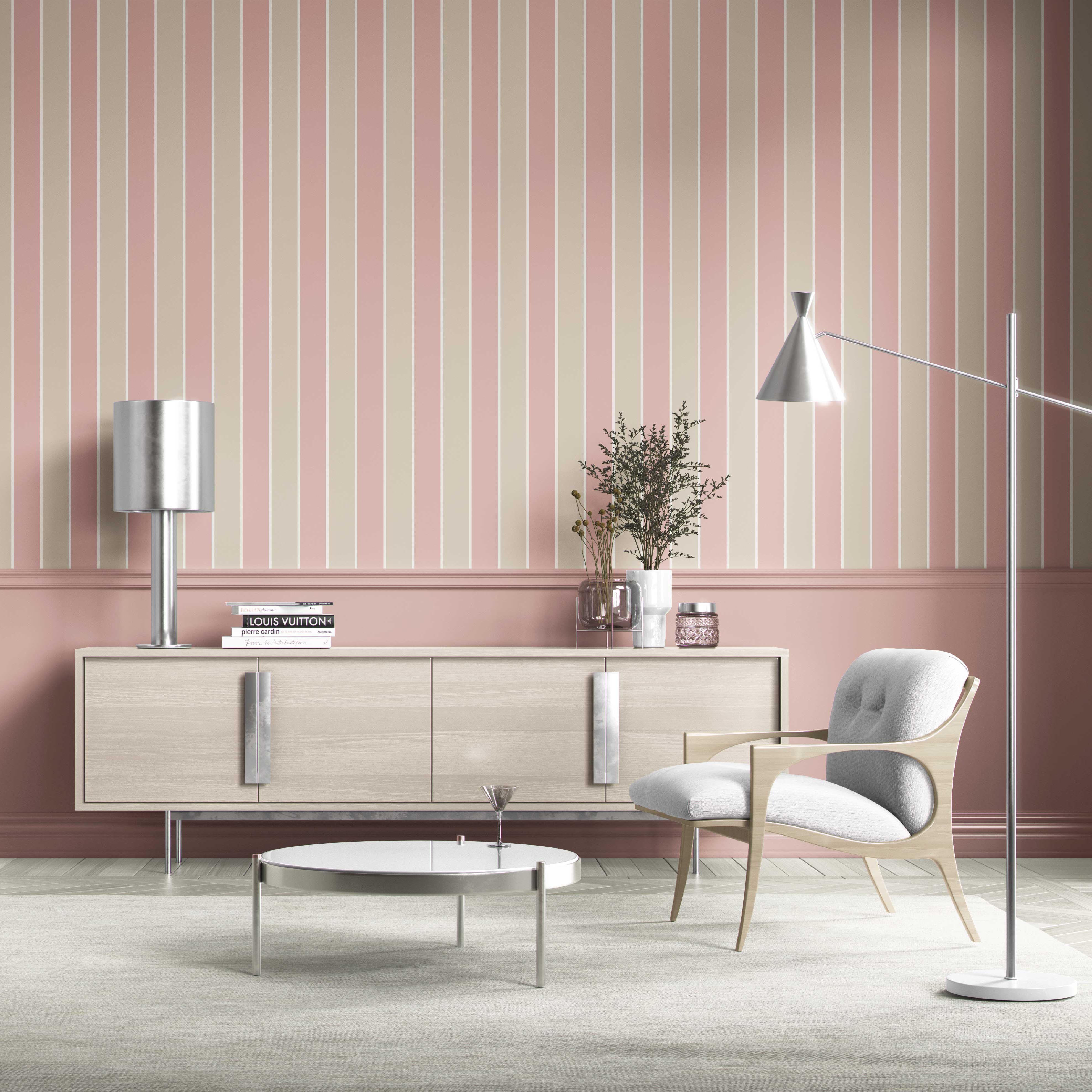 Geometric Striped Shower Toilet Wallpaper (Dusty Pink/ Taupe)
