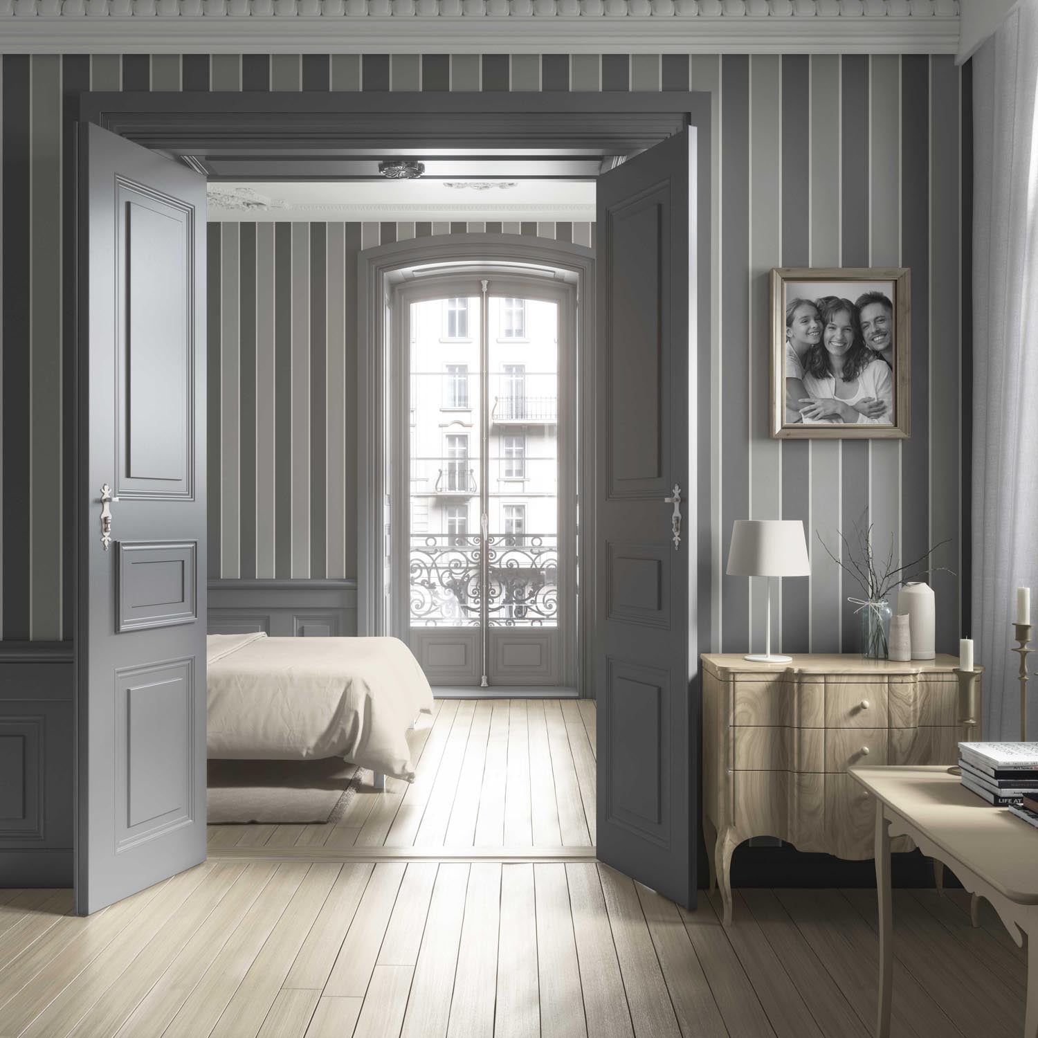 Neutral Geometric Striped Bathroom Wallpaper Sample (Gray)