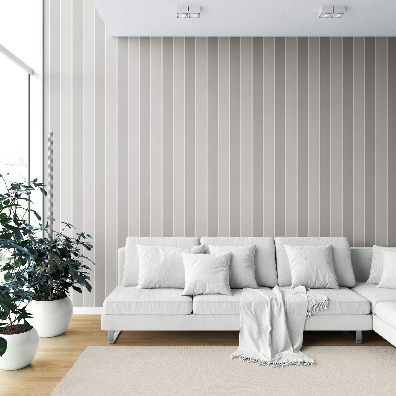 Neutral Geometric Striped Shower Toilet Wallpaper (Gray/ Beige/ Taupe)
