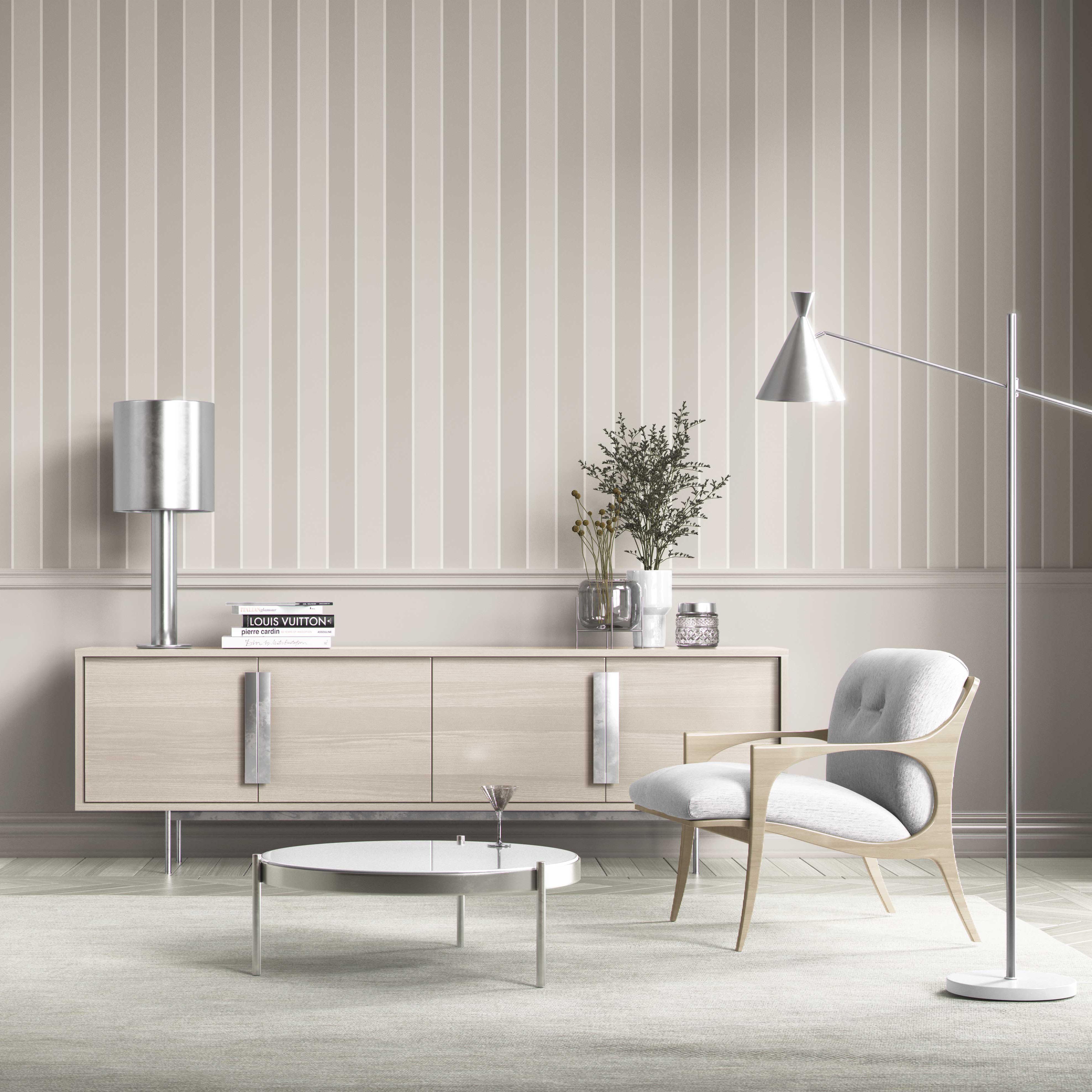 Neutral Geometric Striped Kitchen Wallpaper Sample (Beige/ Greige/ Taupe)