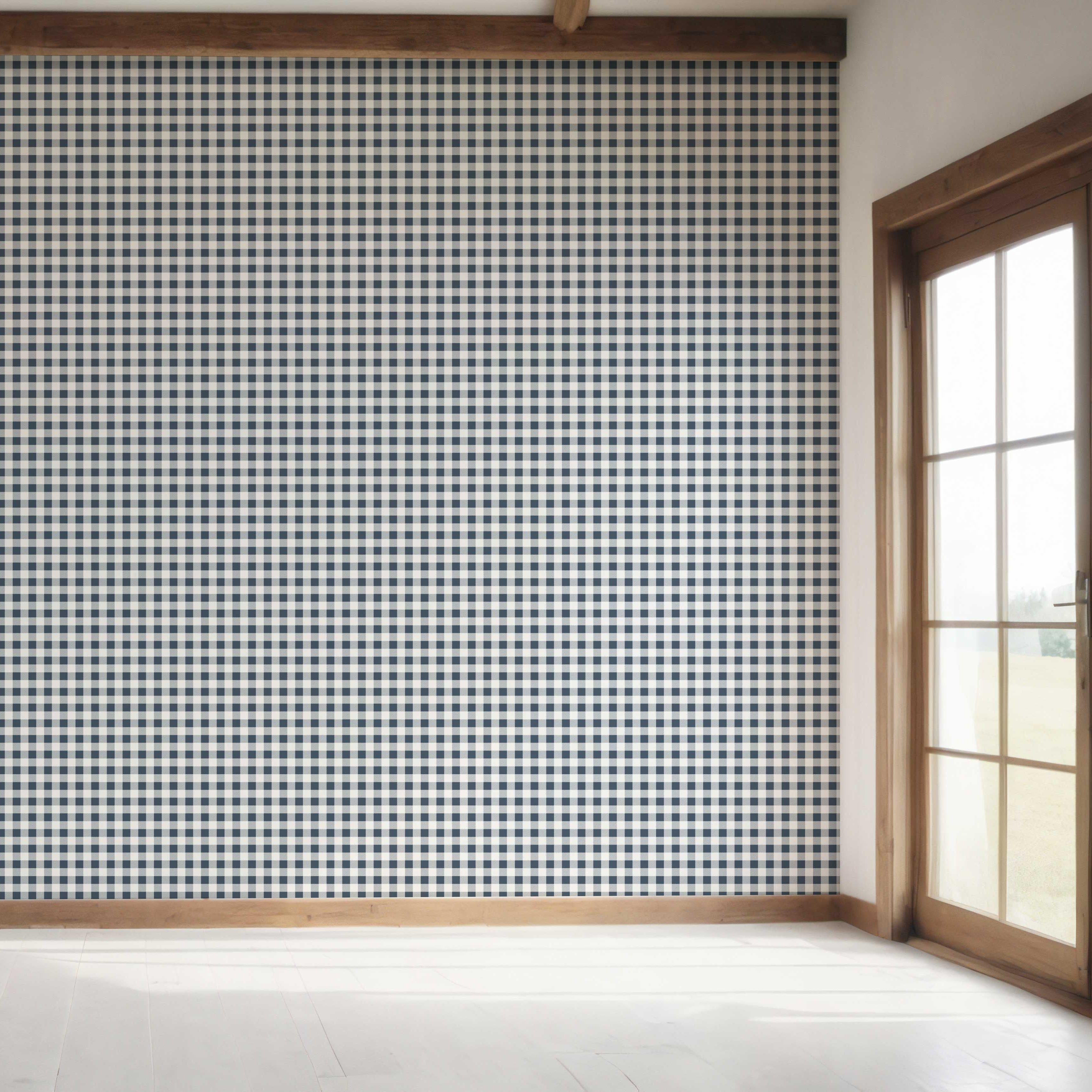 Gingham Checkered Bedroom Wallpaper (Navy Blue)