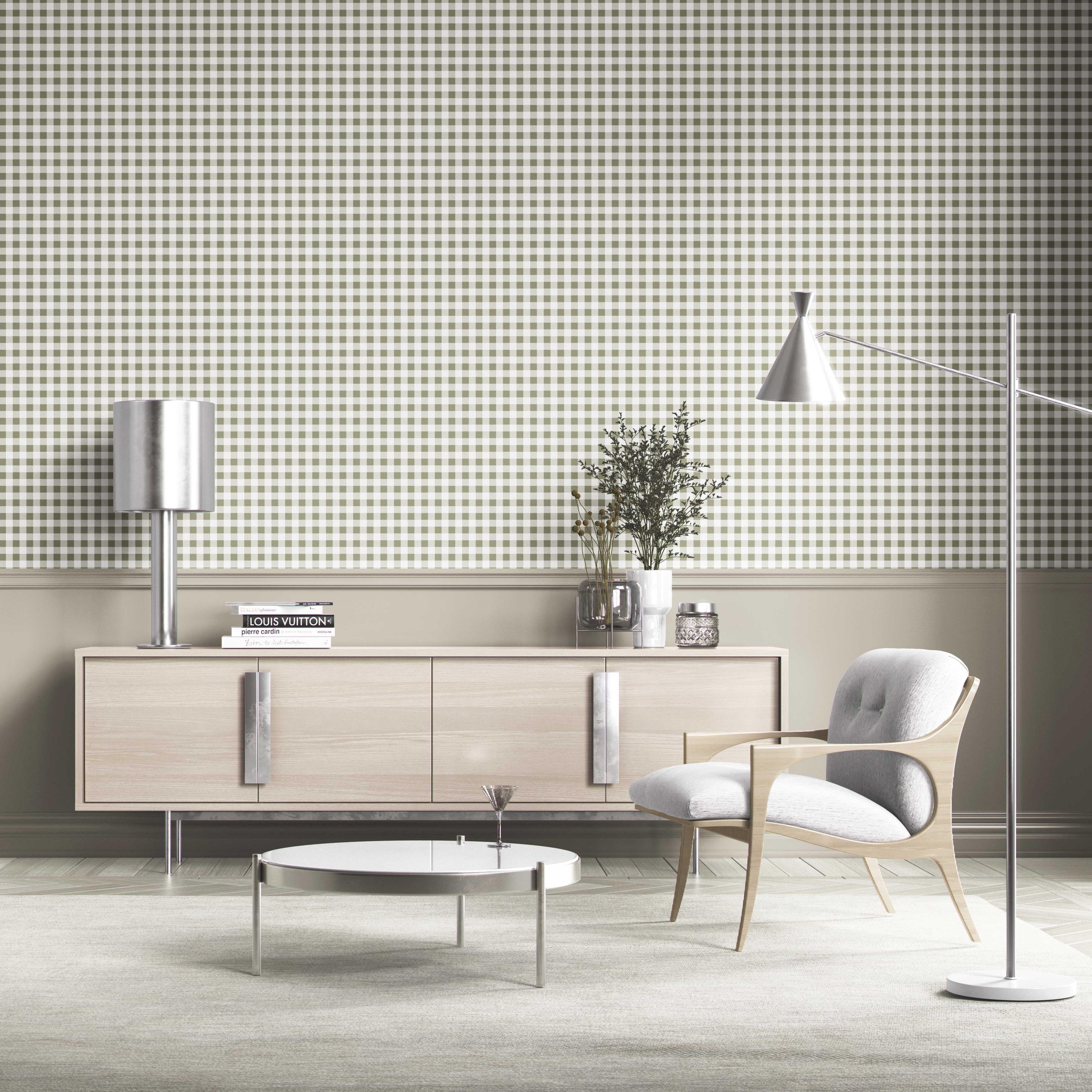 Gingham Checkered Living Room Wallpaper Sample (Olive Green)
