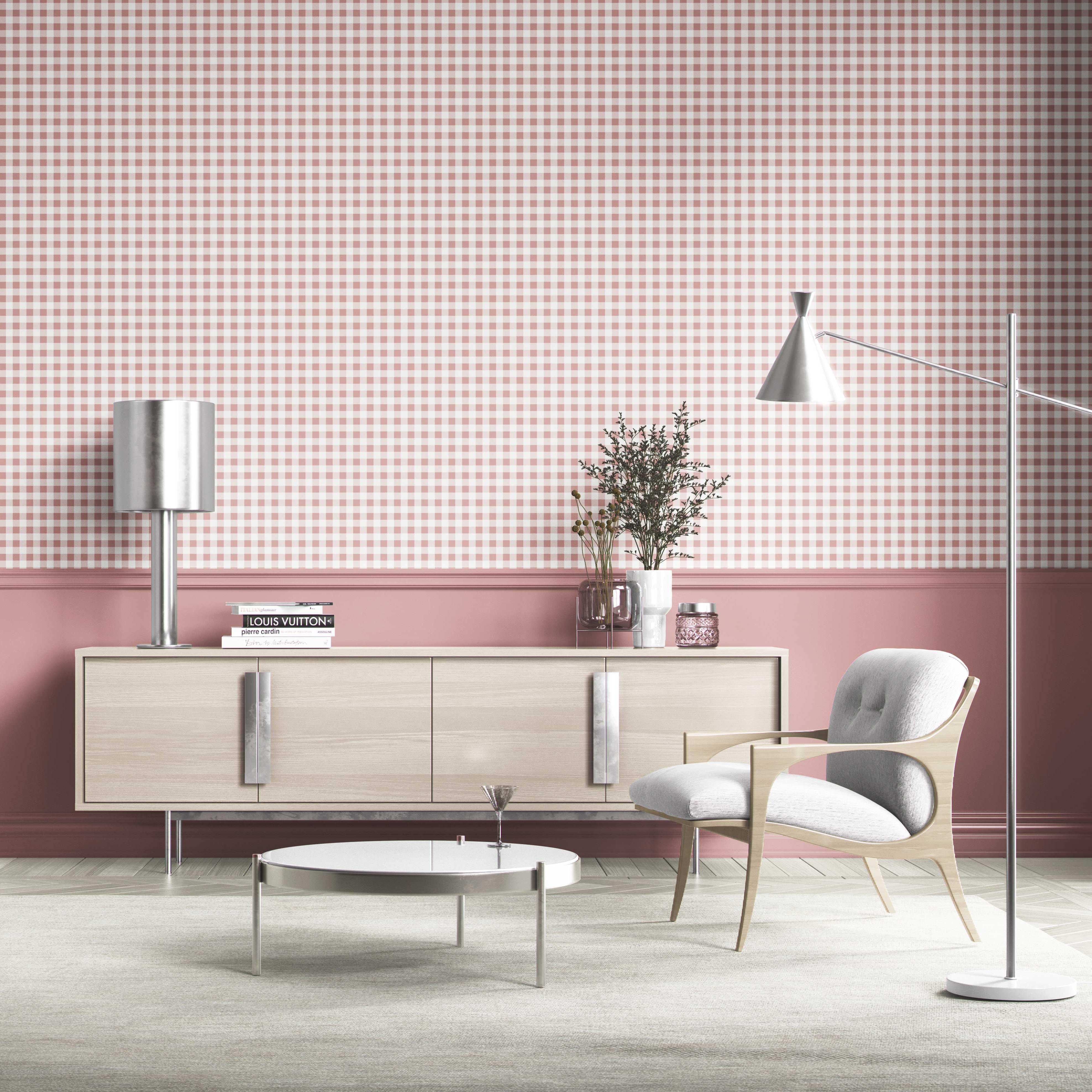Gingham Checkered Living Room Wallpaper (Pink)