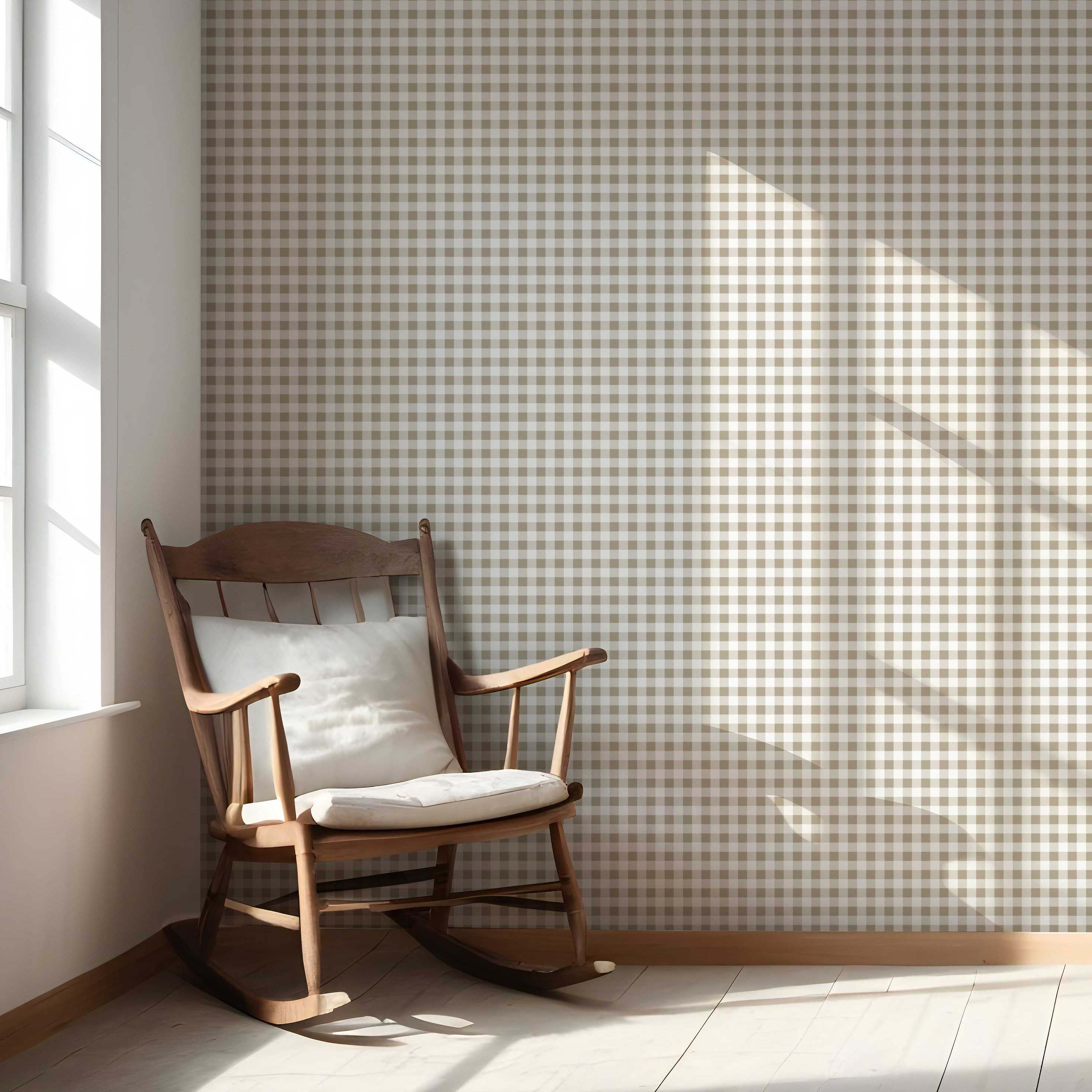 Neutral Gingham Checkered Nursery Wallpaper Sample (Beige)