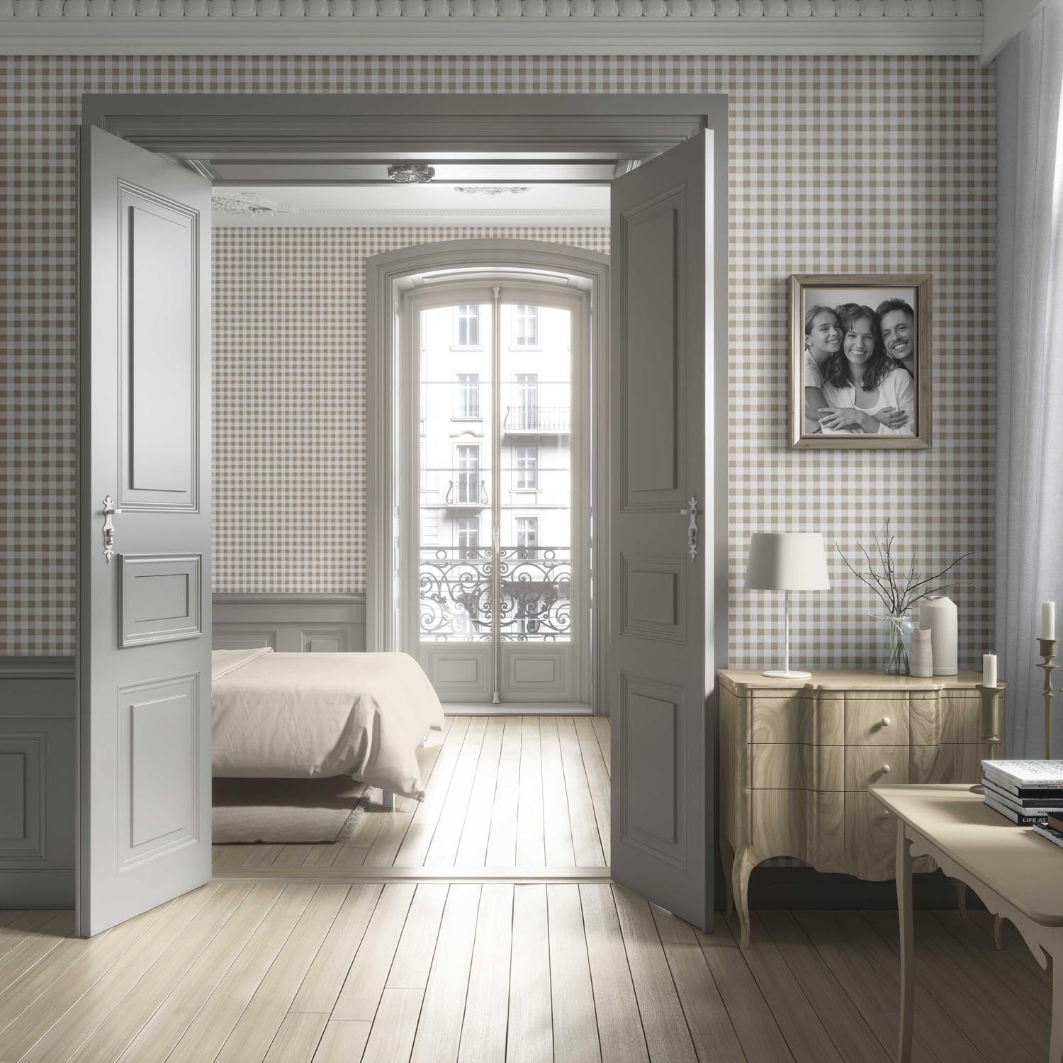 Neutral Gingham Checkered Living Room Wallpaper (Beige)