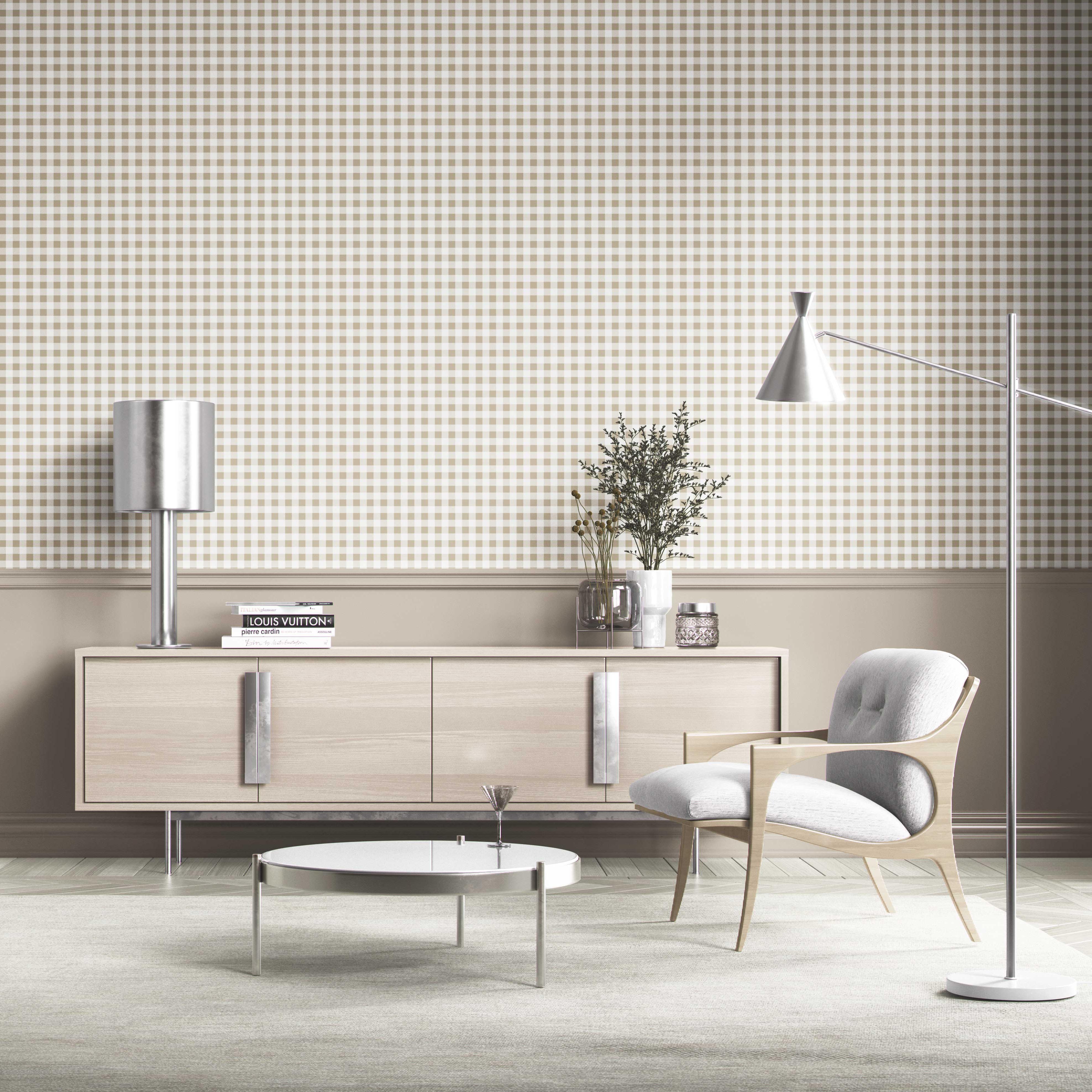 Neutral Gingham Checkered Kitchen Wallpaper Sample (Beige)