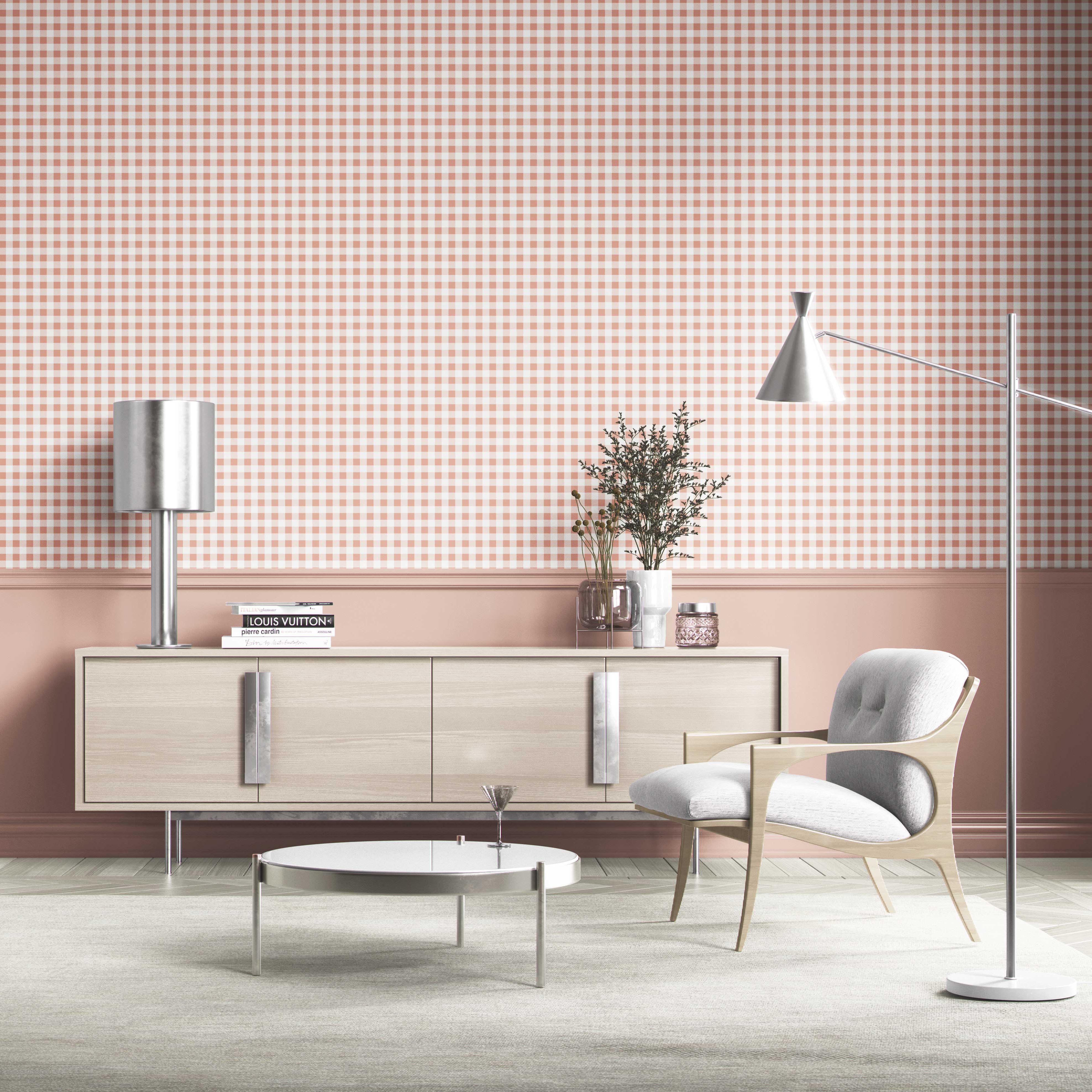 Gingham Checkered Shower Toilet Wallpaper Sample (Blush Pink)