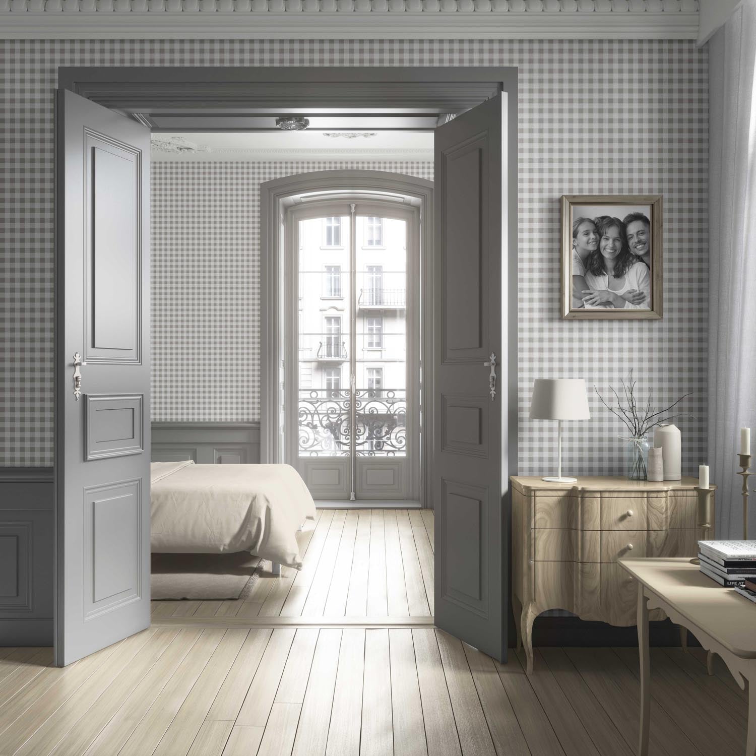 Neutral Gingham Checkered Living Room Wallpaper Sample (Gray)