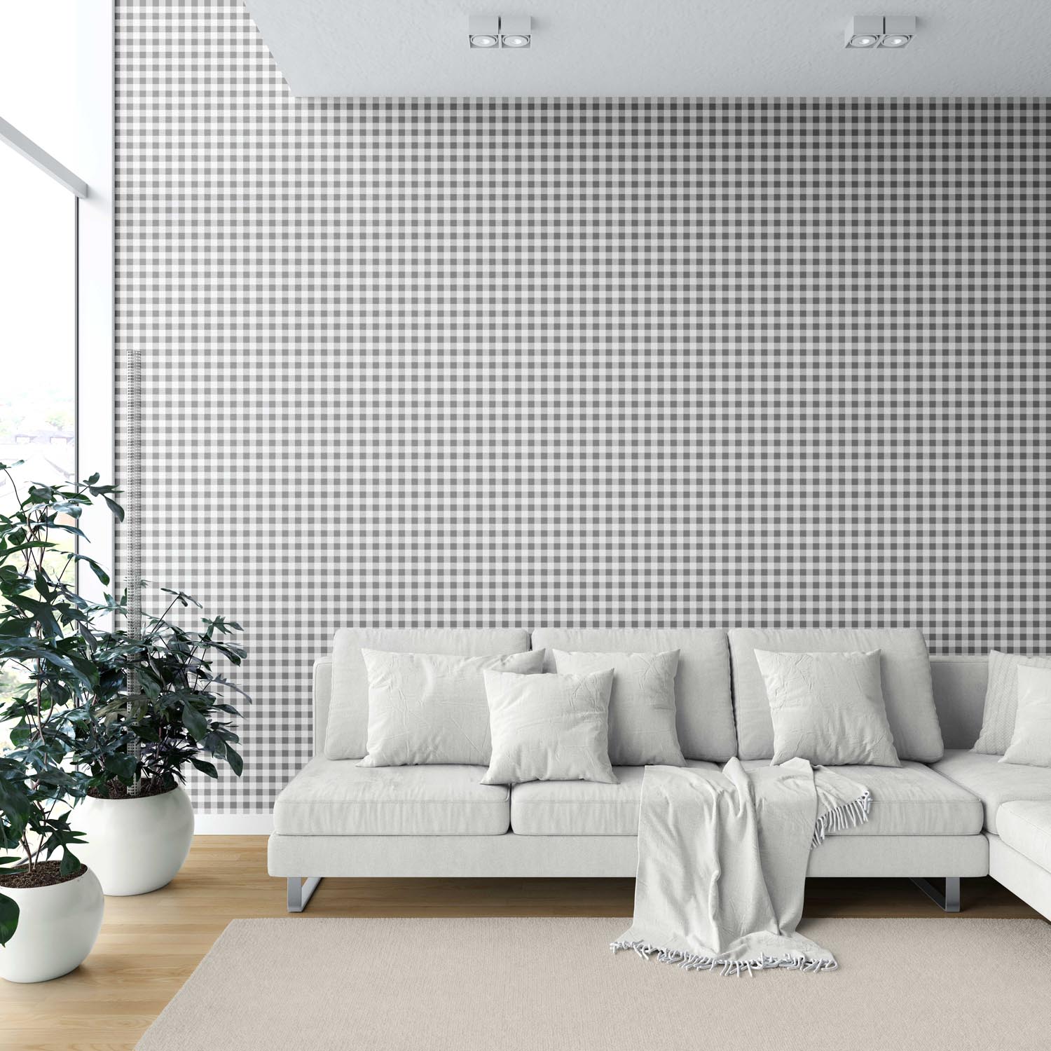 Neutral Gingham Checkered Shower Toilet Wallpaper (Gray)