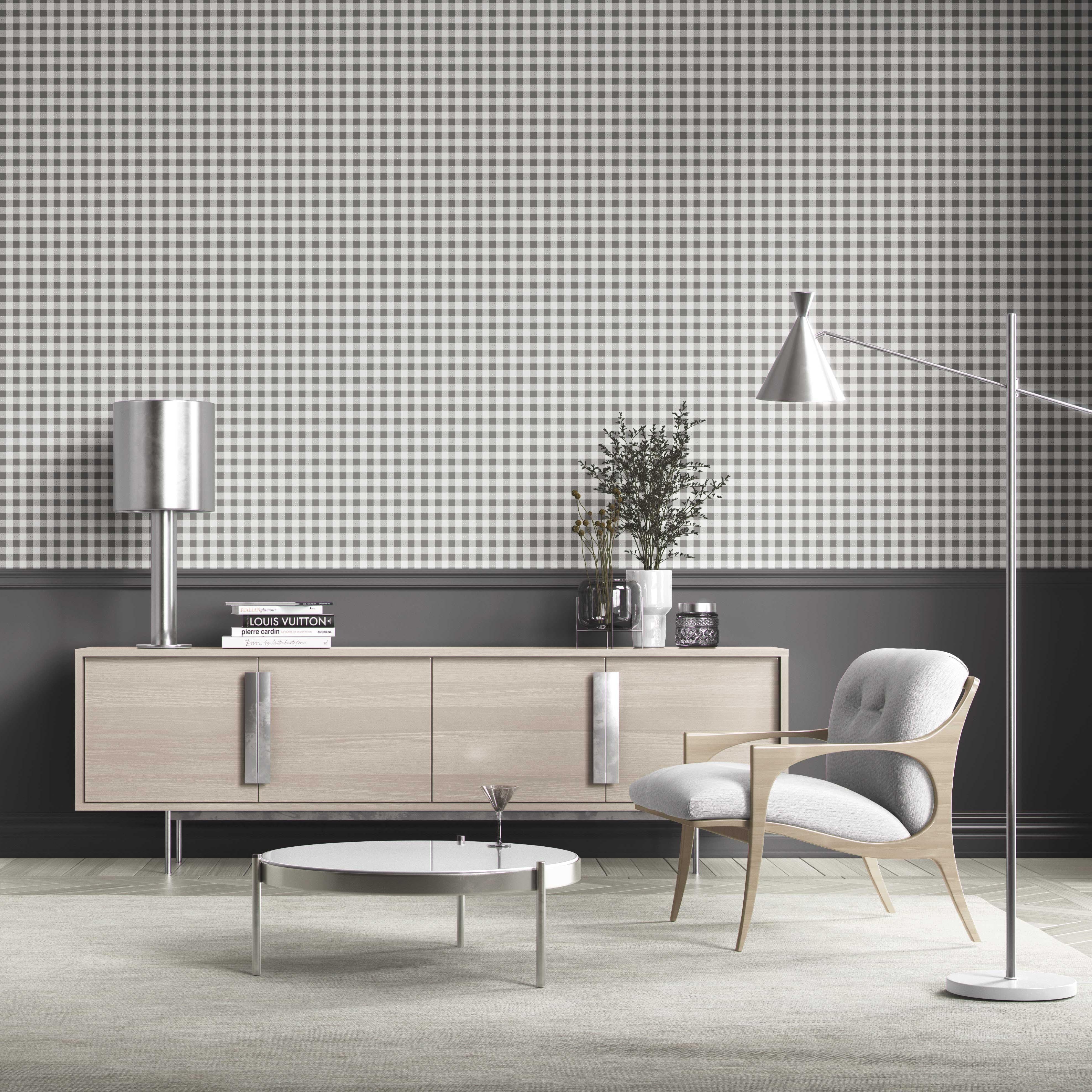 Neutral Gingham Checkered Kitchen Wallpaper Sample (Gray)