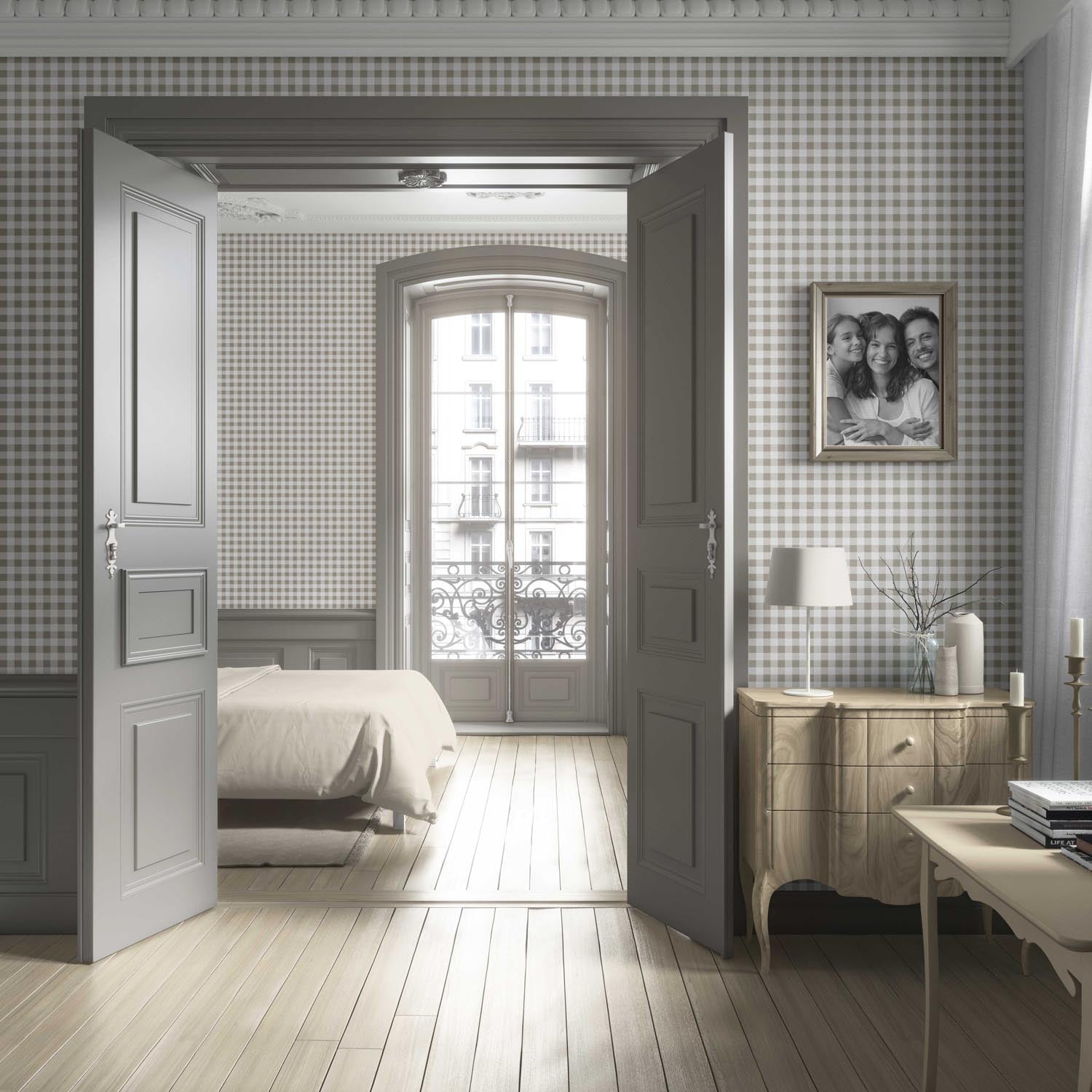 Neutral Gingham Checkered Living Room Wallpaper Sample (Taupe Gray/ Greige)