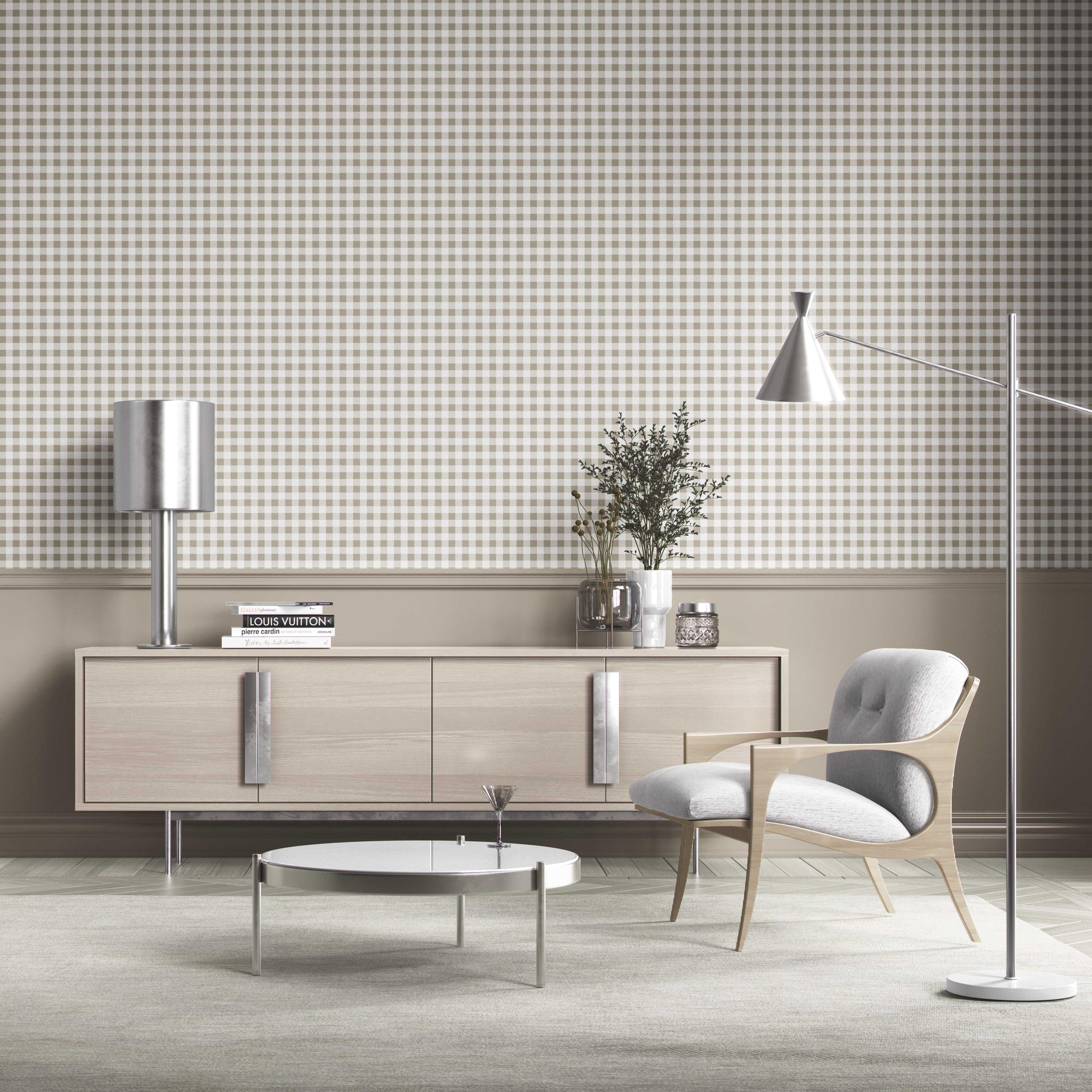 Neutral Gingham Checkered Kitchen Wallpaper Sample (Taupe Gray/ Greige)