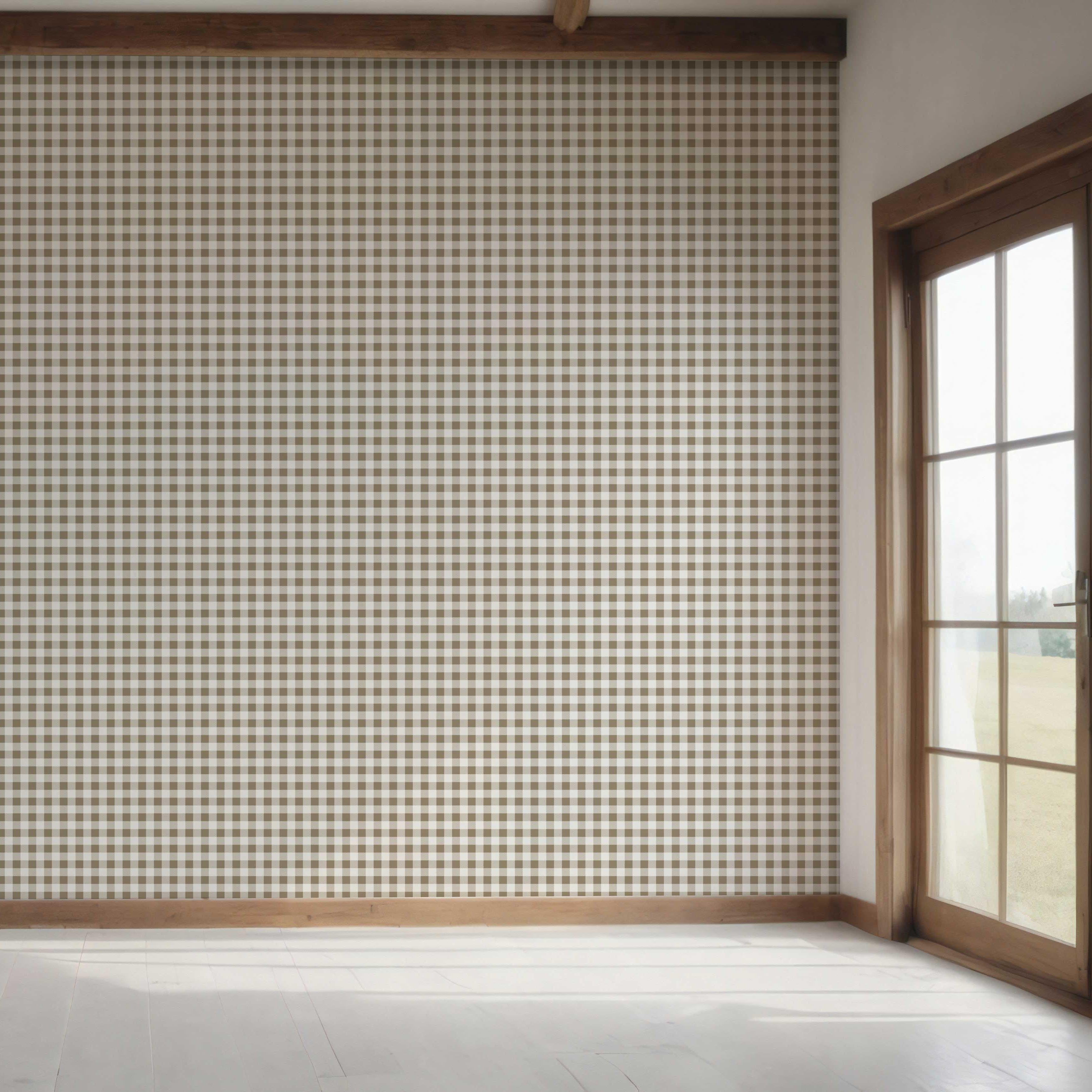 Neutral Gingham Checkered Bedroom Wallpaper Sample (Brown)