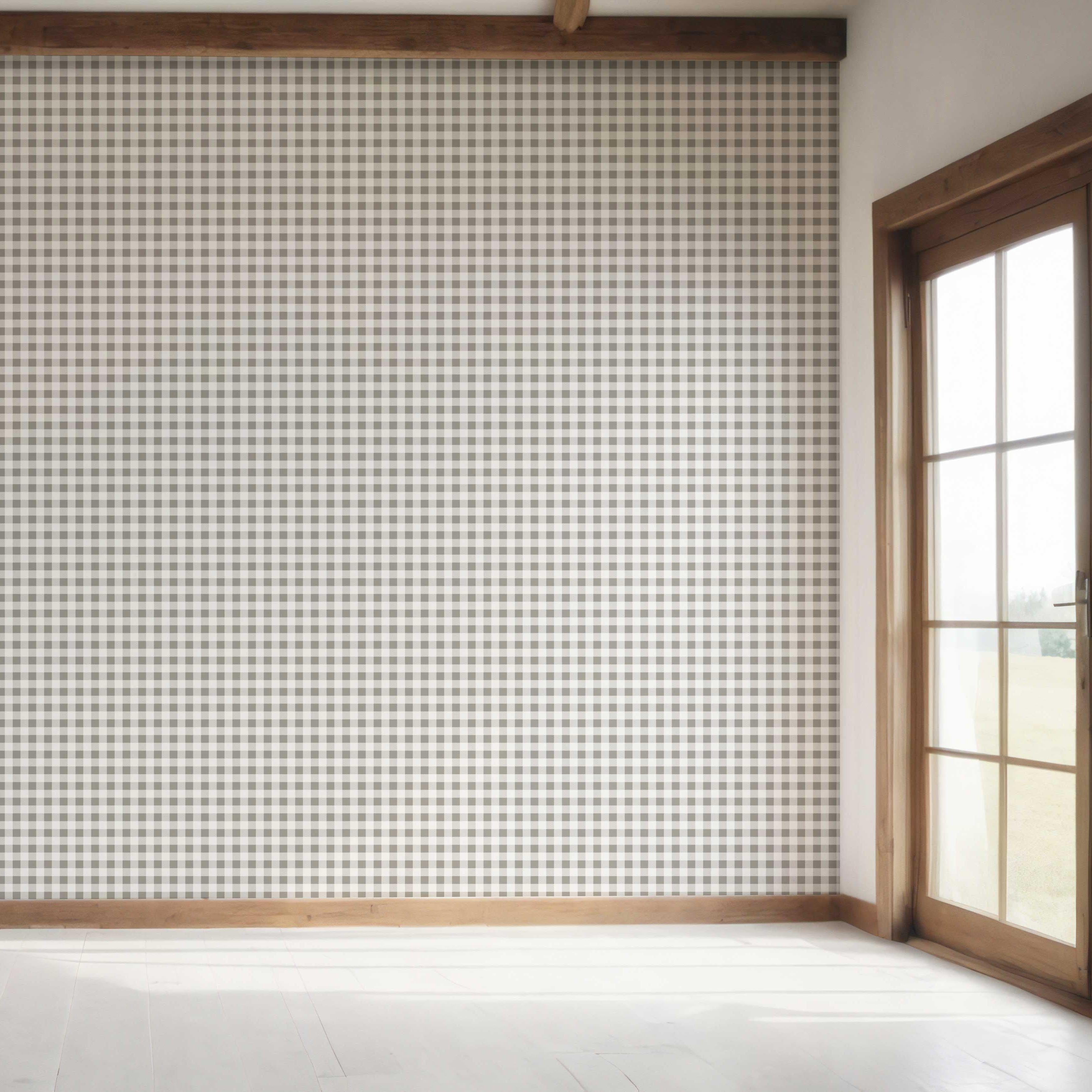 Neutral Gingham Checkered Bedroom Wallpaper Sample (Gray)