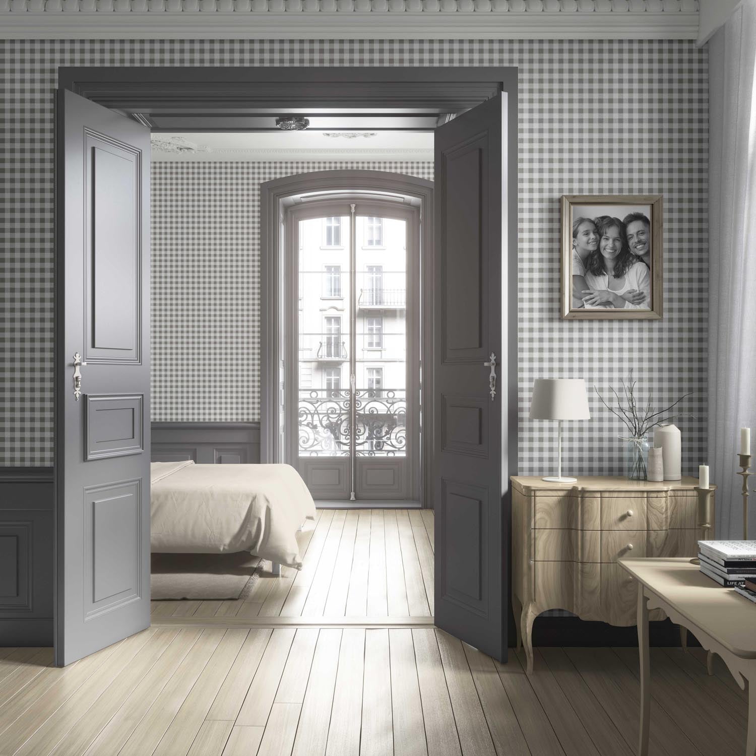 Neutral Gingham Checkered Living Room Wallpaper Sample (Gray)