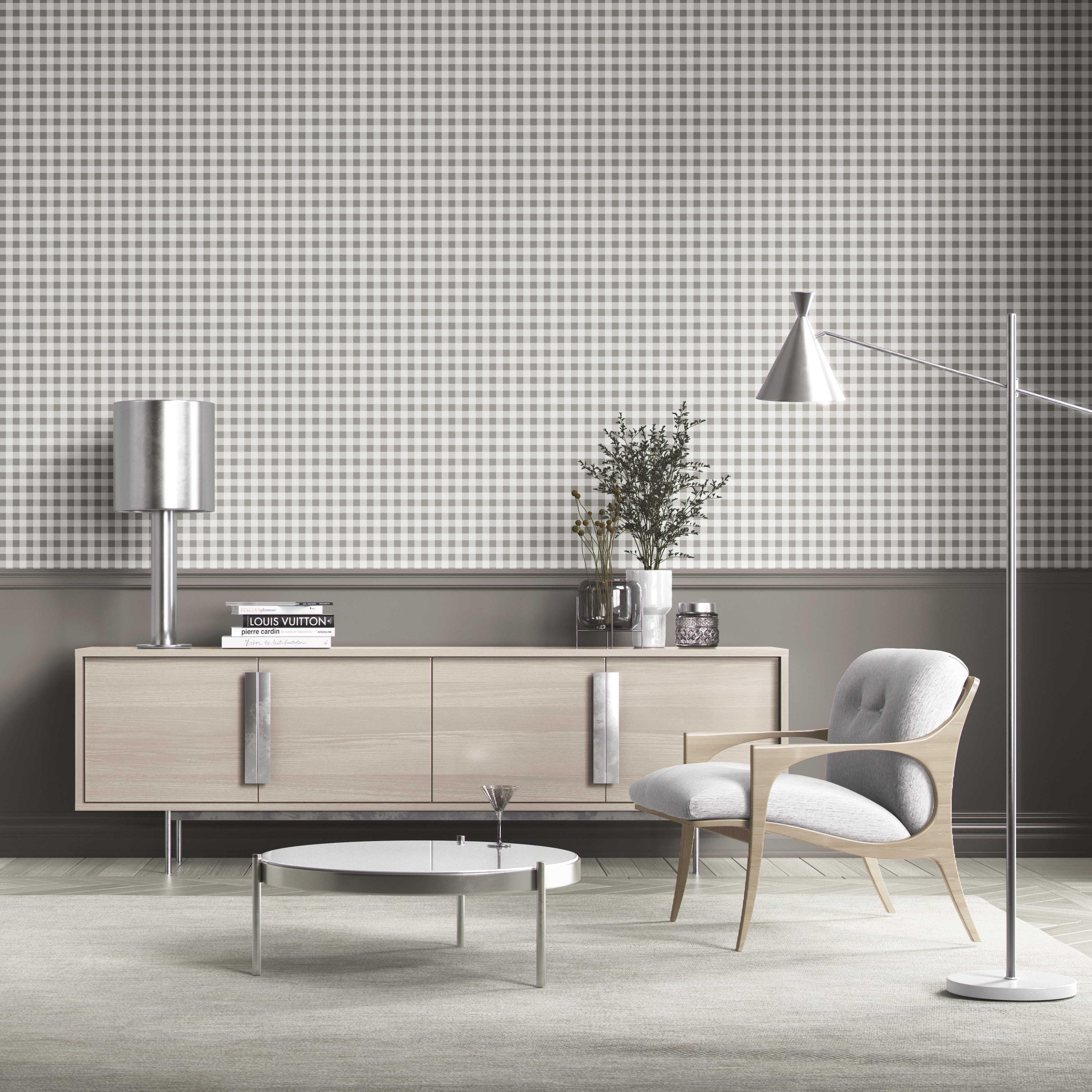 Neutral Gingham Checkered Kitchen Wallpaper Sample (Gray)