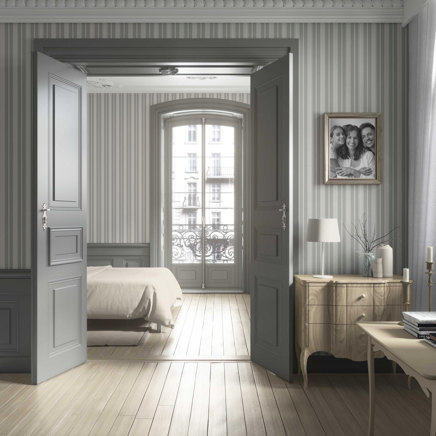Neutral Geometric Striped Bathroom Wallpaper (Gray)