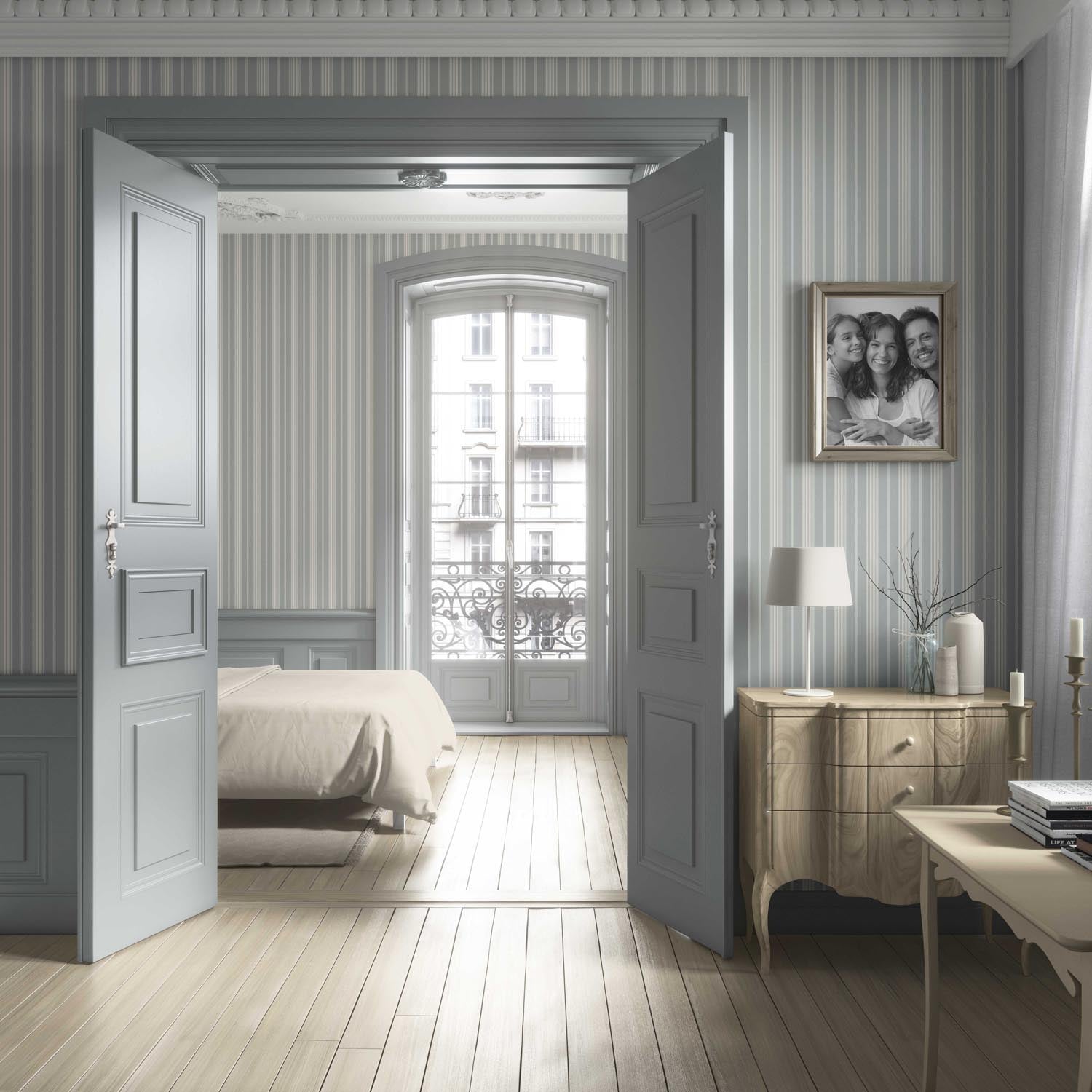 Neutral Geometric Striped Bathroom Wallpaper Sample (Gray)