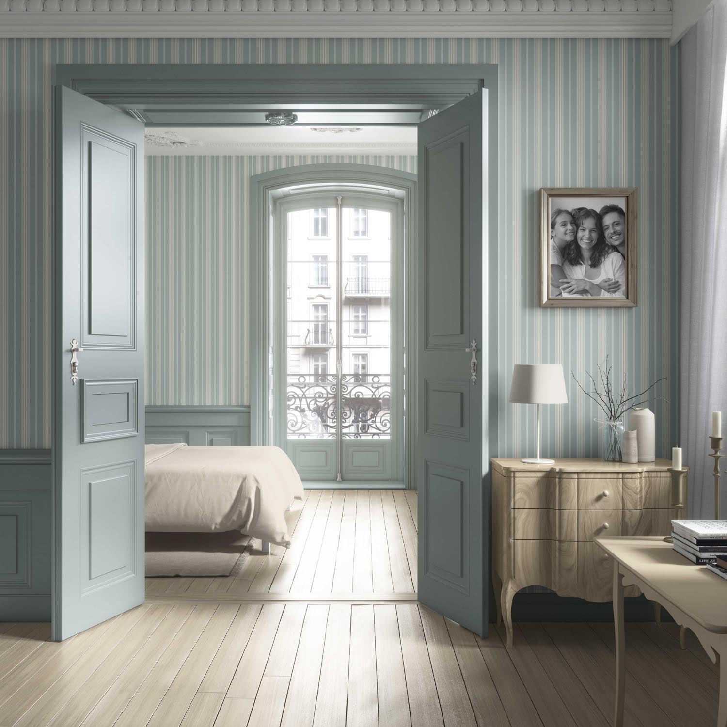 Neutral Geometric Striped Bathroom Wallpaper Sample (Duck Egg Blue)