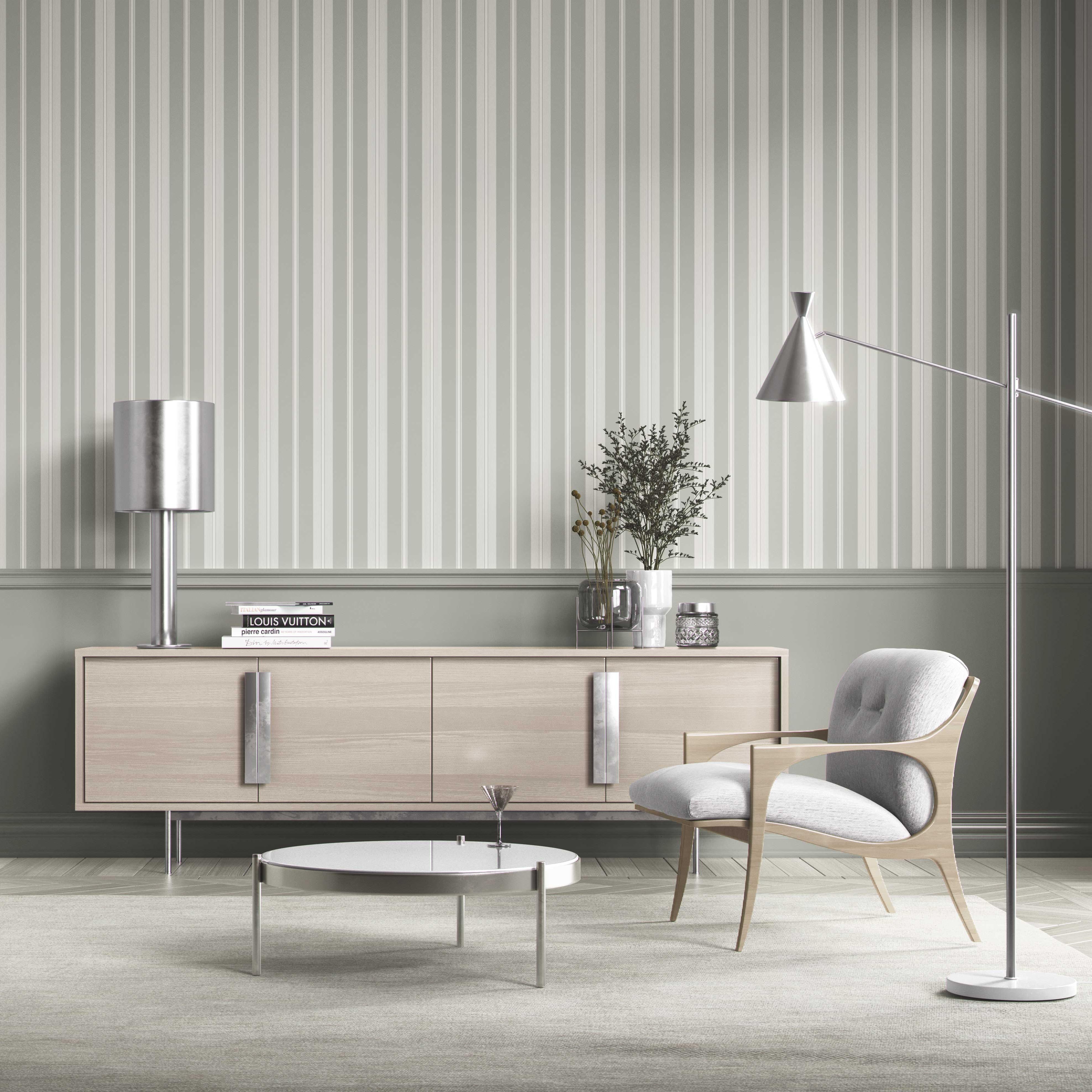 Neutral Geometric Striped Kitchen Wallpaper Sample (Sage Gray)