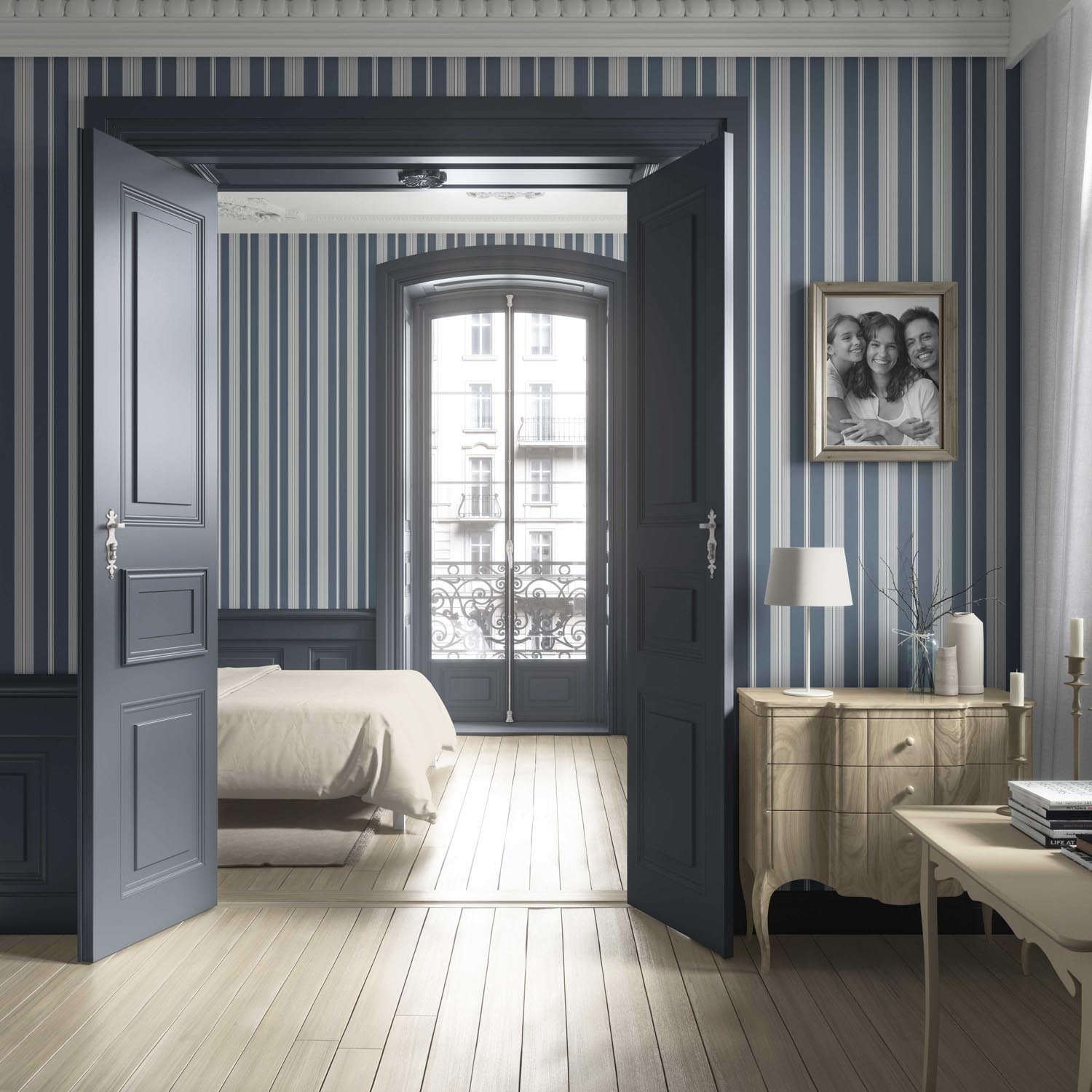 Geometric Striped Kitchen Wallpaper Sample (Slate Gray/ Blue)