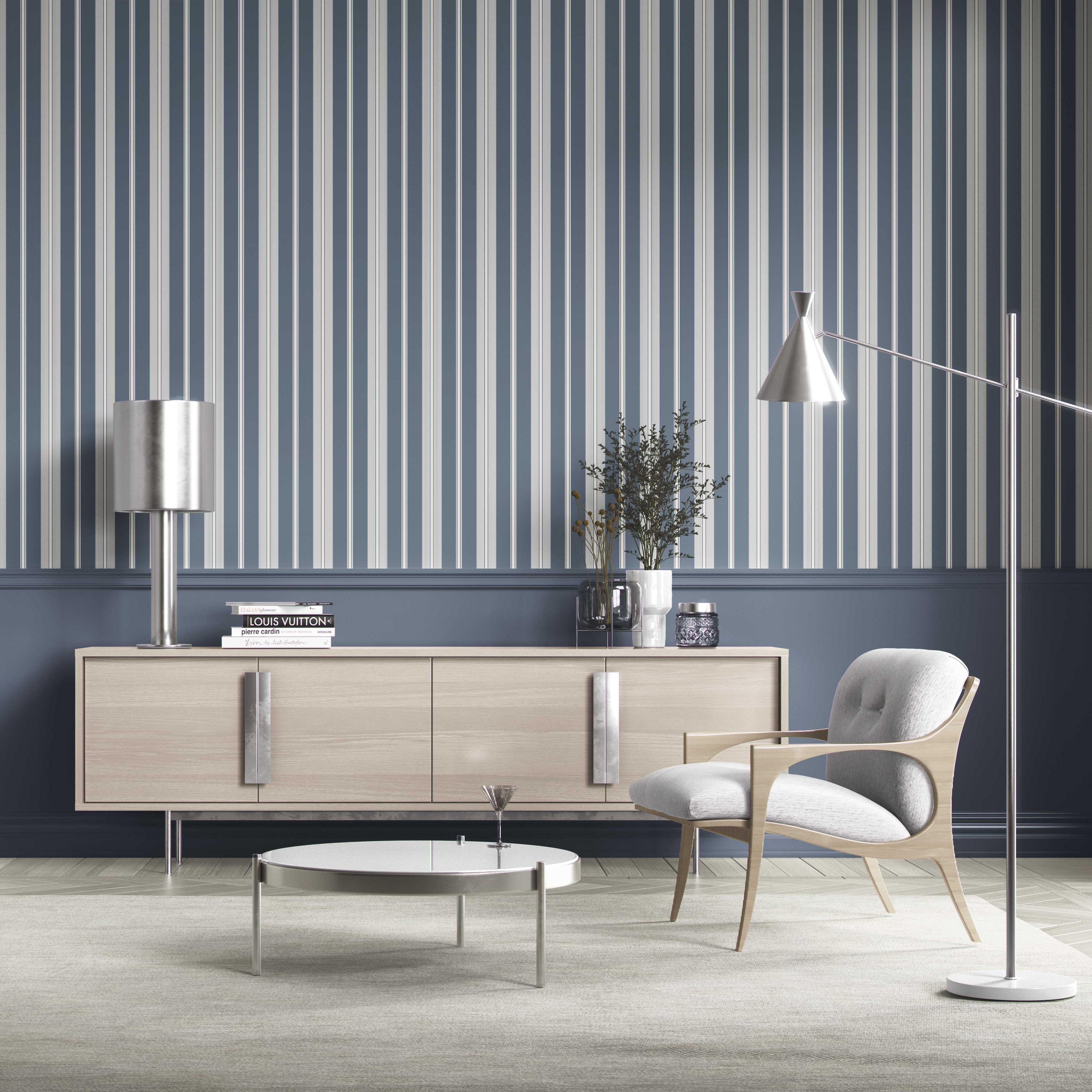 Geometric Striped Shower Toilet Wallpaper Sample (Slate Gray/ Blue)