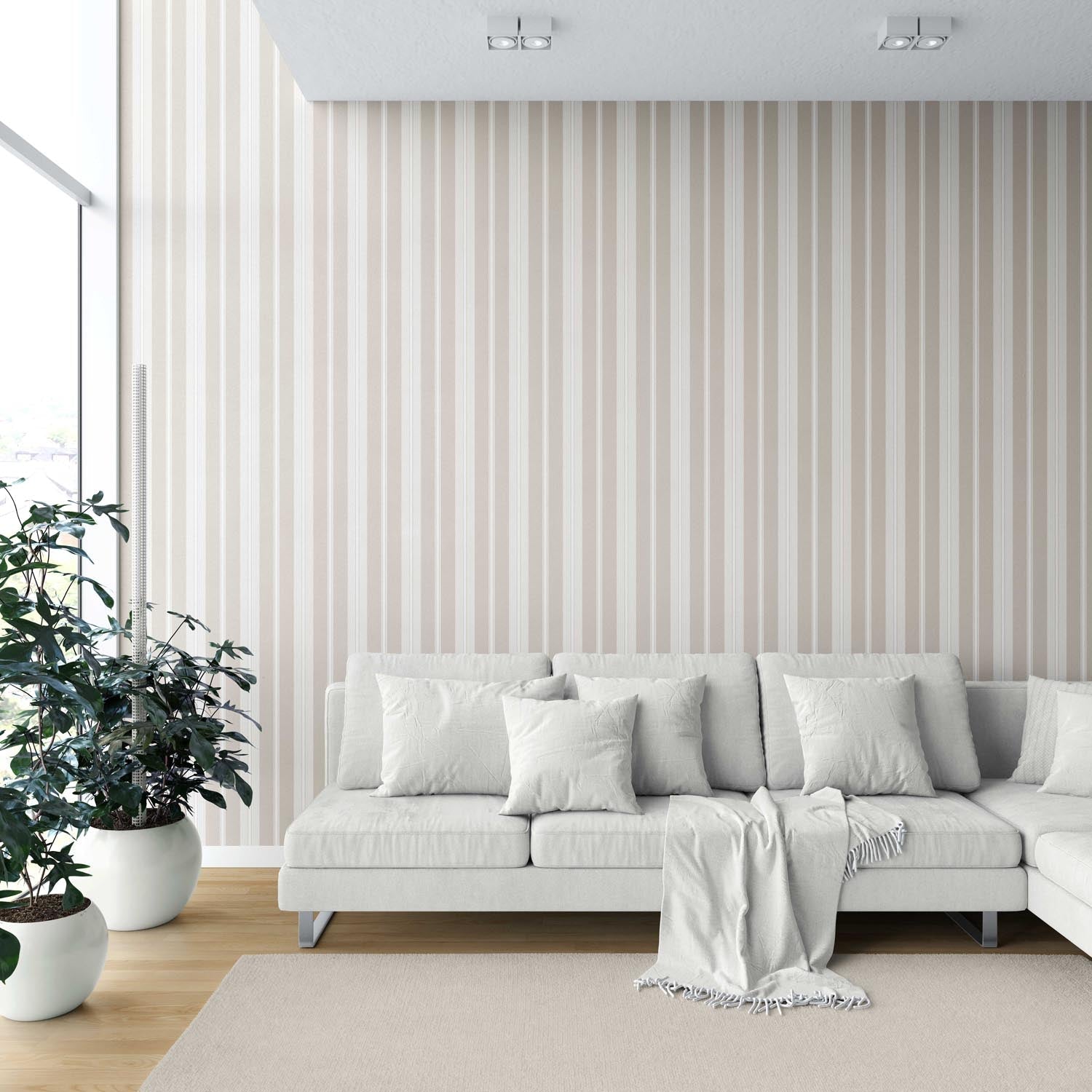 Neutral Geometric Striped Shower Toilet Wallpaper Sample (Soft Taupe/ Beige/ Gray)