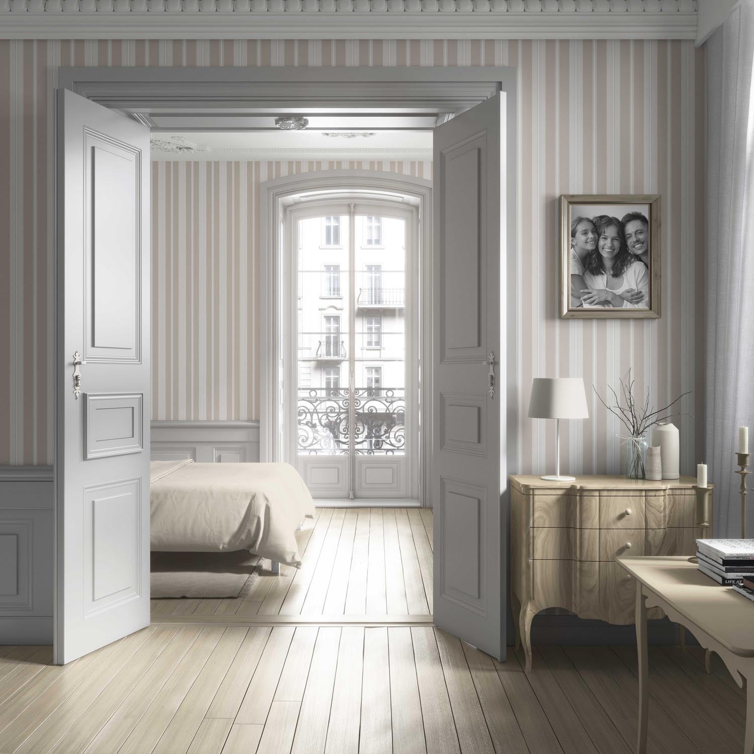 Neutral Geometric Striped Bathroom Wallpaper Sample (Soft Taupe/ Beige/ Gray)