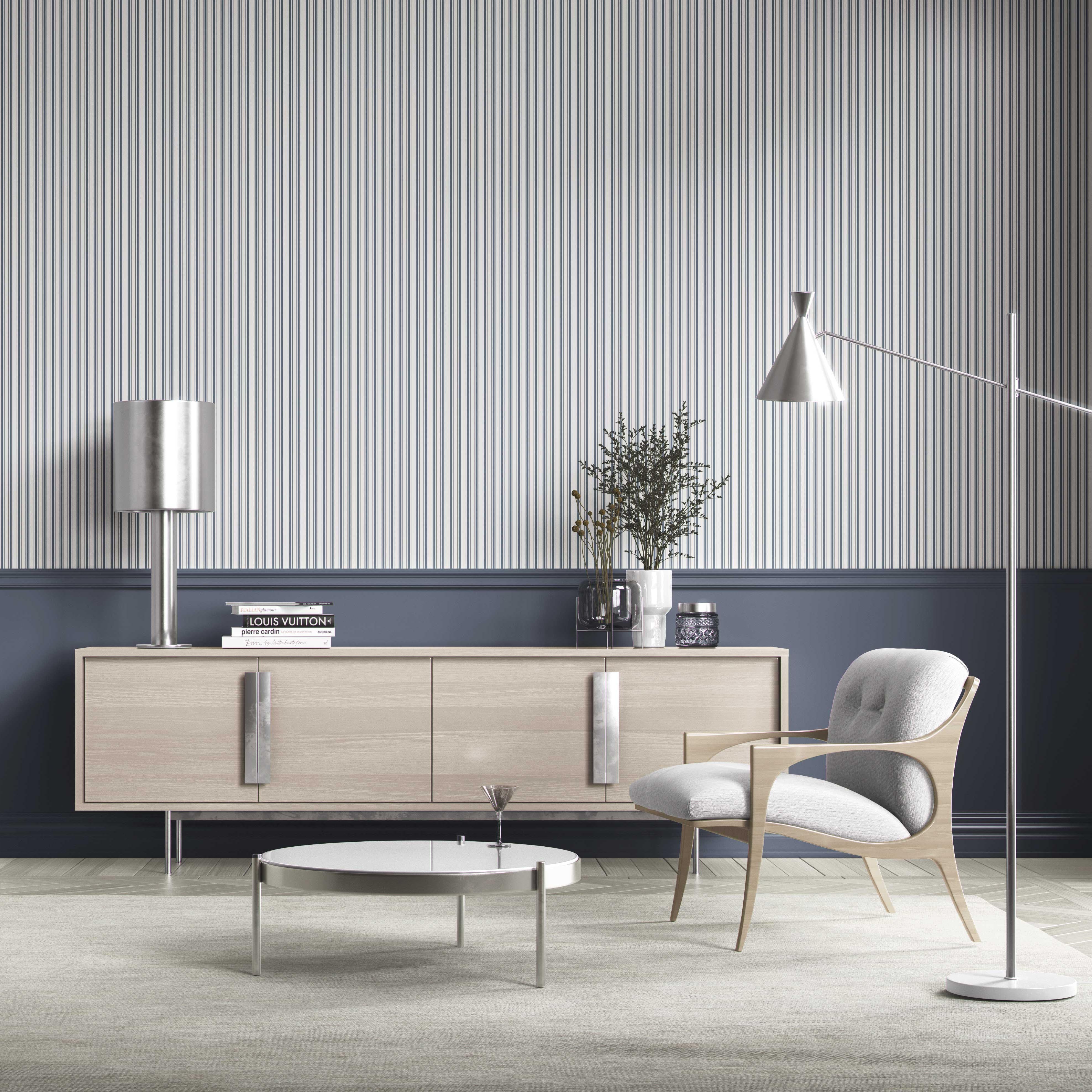 Geometric Striped Bathroom Wallpaper (Navy Blue)