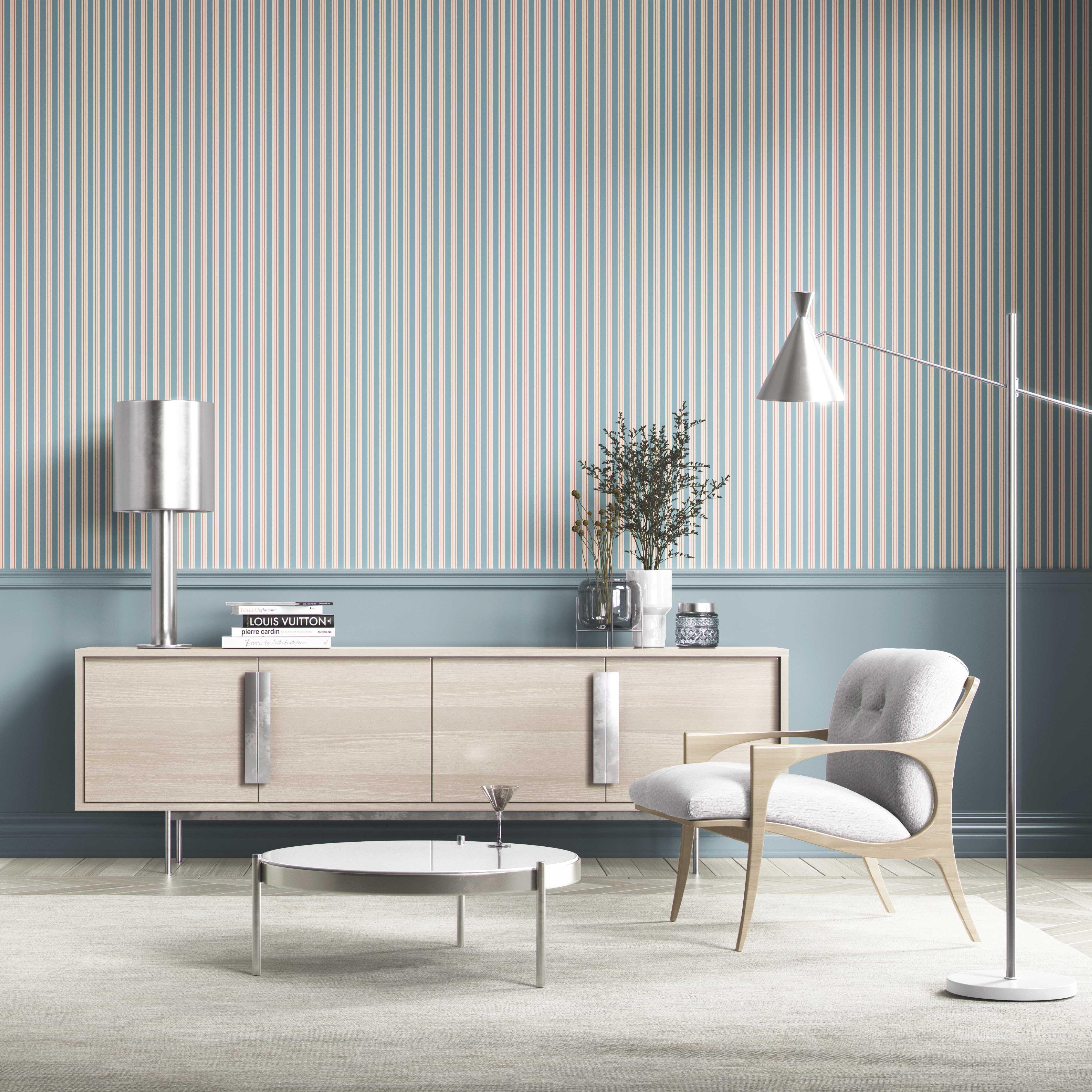 Geometric Striped Bathroom Wallpaper (Blue)