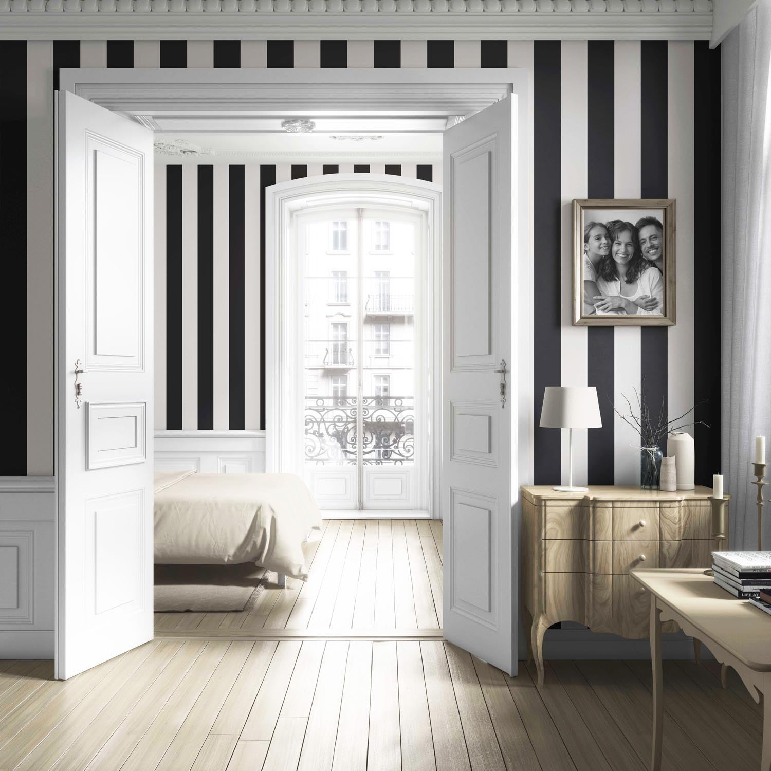 Neutral Geometric Striped Living Room Wallpaper (Black/ White)