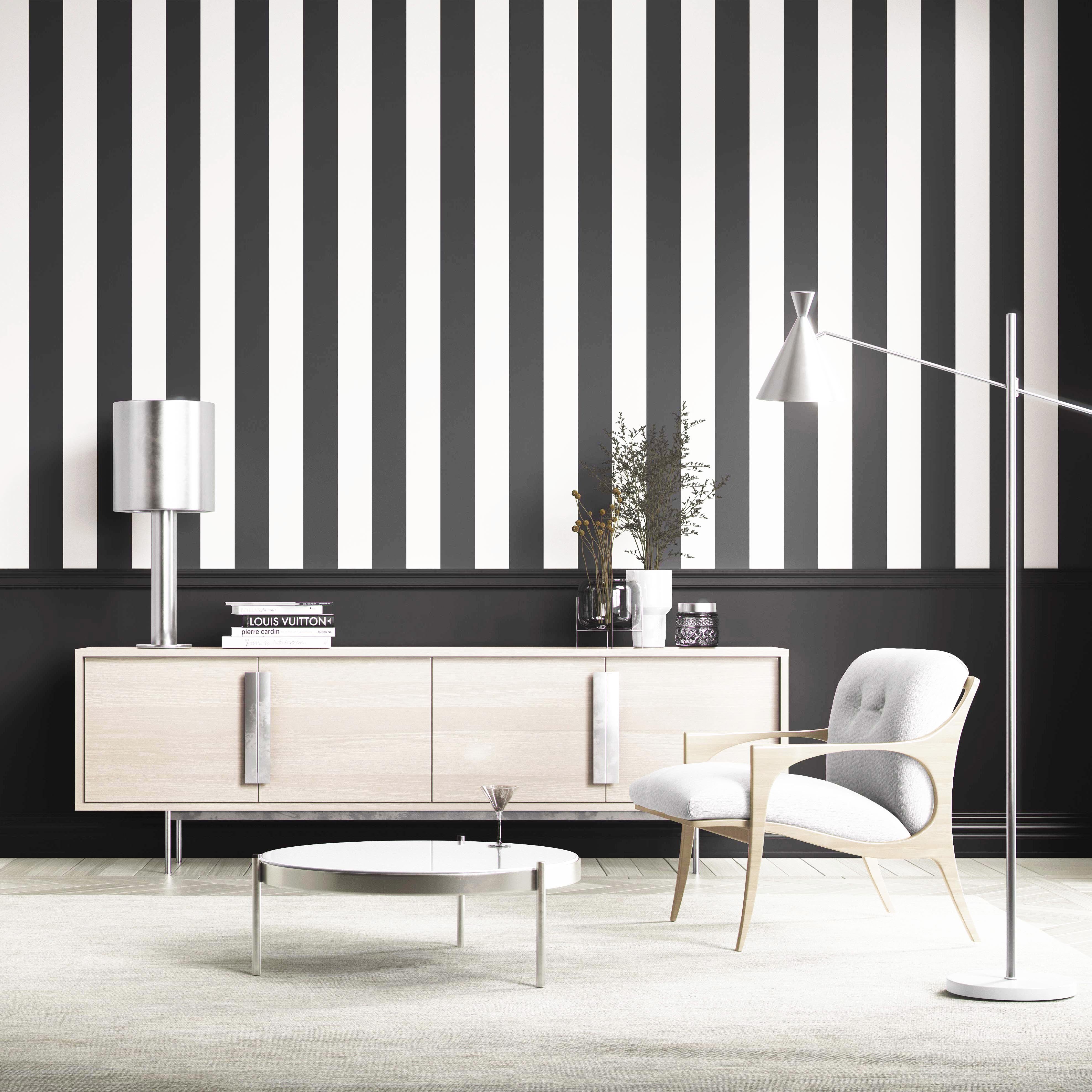 Neutral Geometric Striped Shower Toilet Wallpaper Sample (Black/ White)
