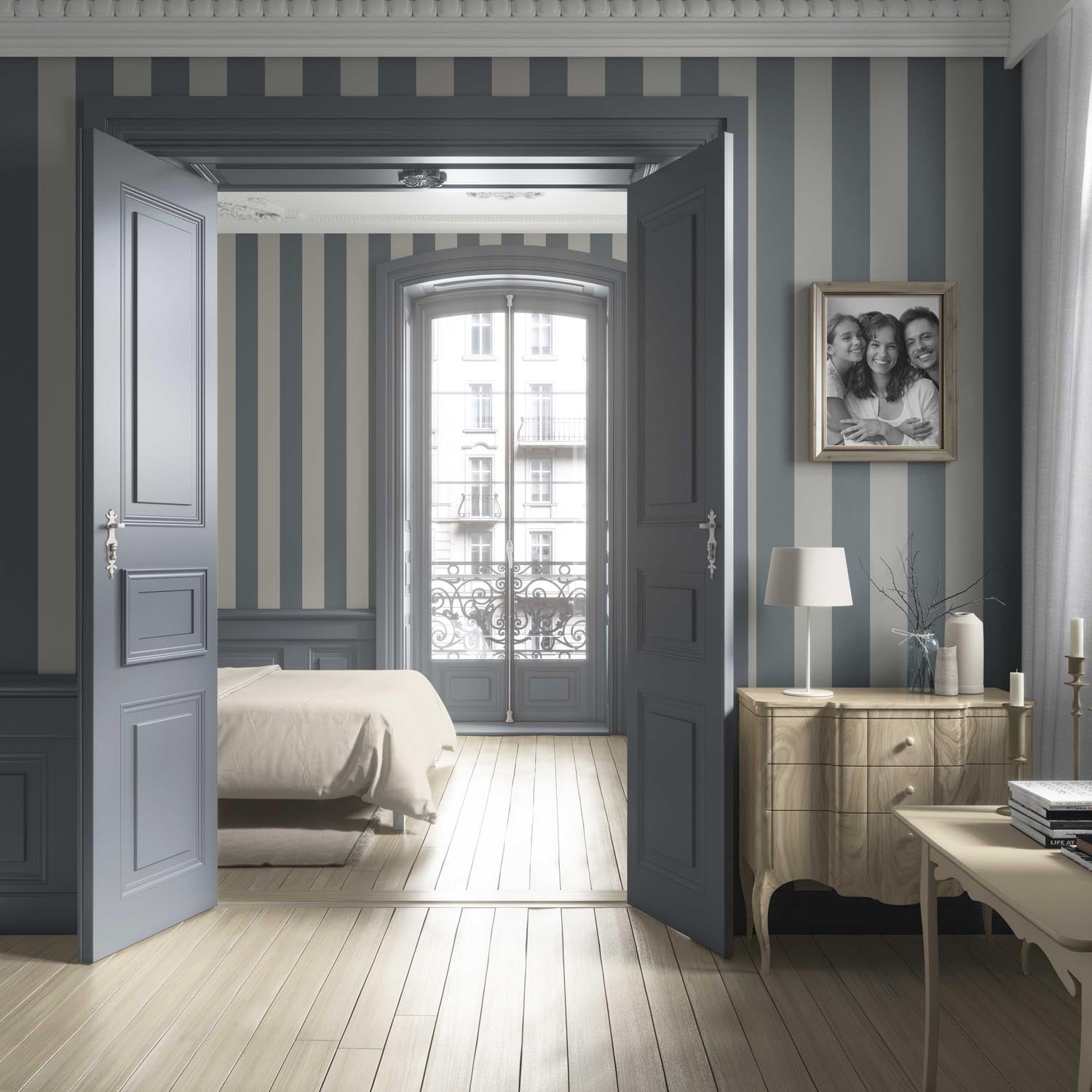 Neutral Geometric Striped Living Room Wallpaper (Slate Blue/ Gray)
