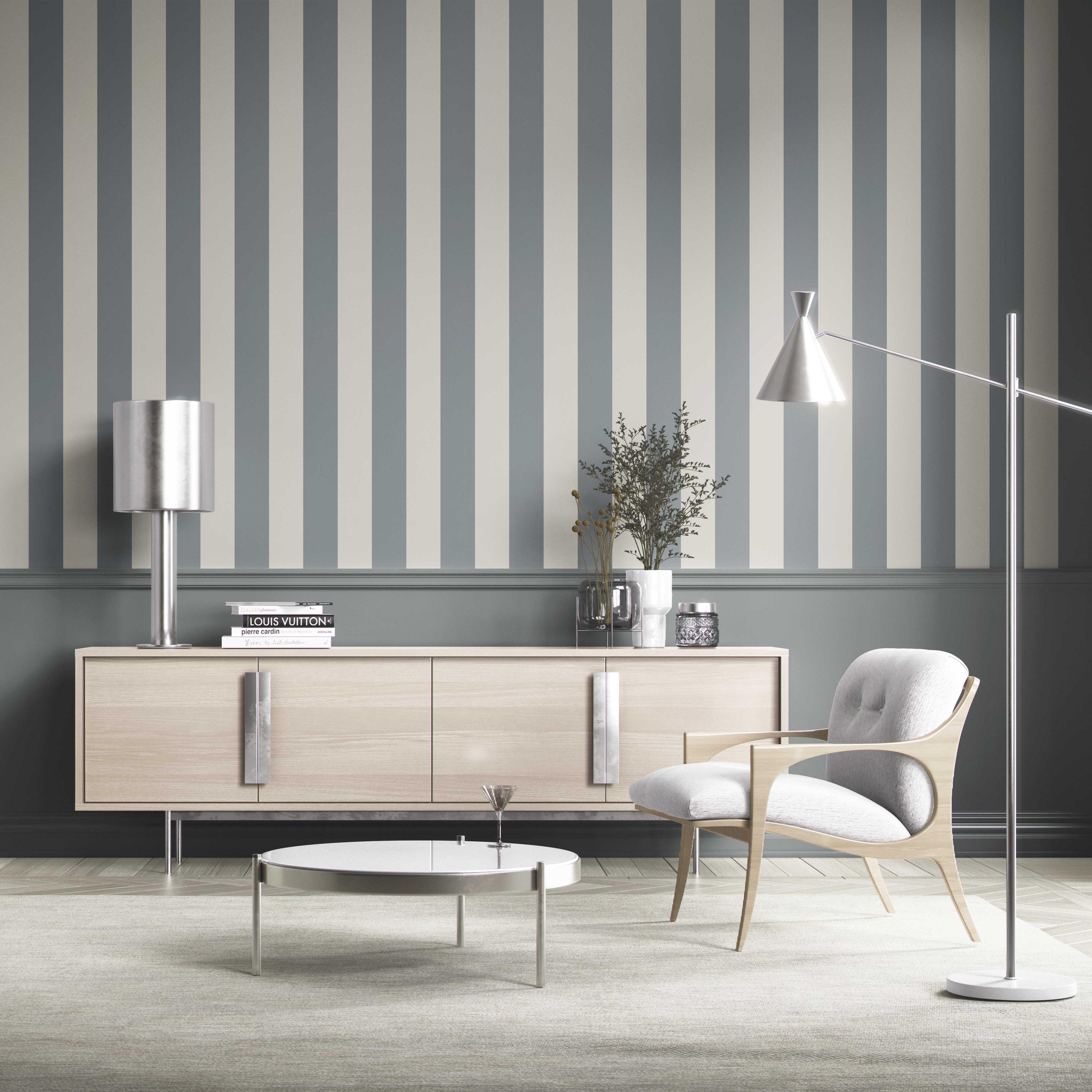 Neutral Geometric Striped Kitchen Wallpaper (Slate Blue/ Gray)
