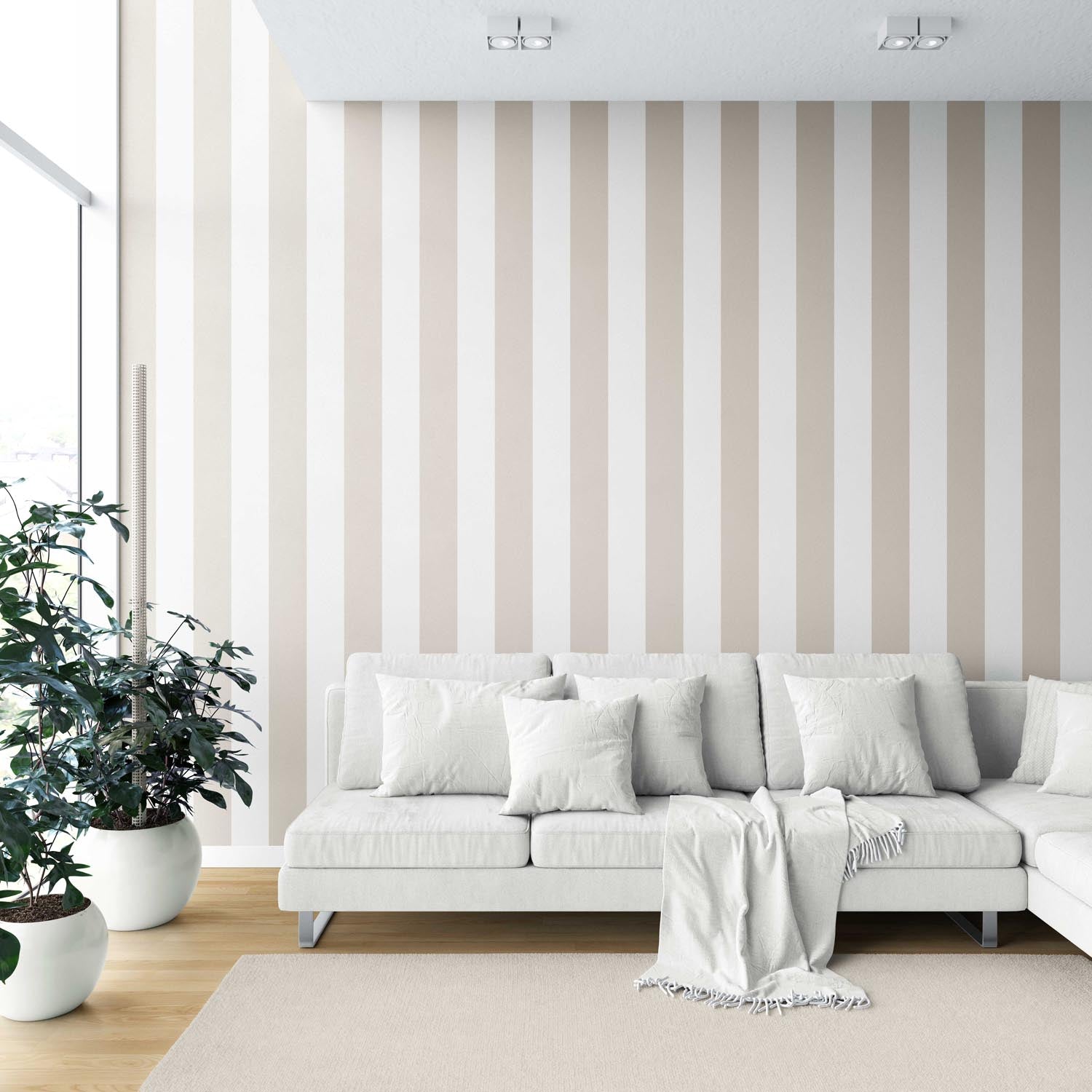 Neutral Geometric Striped Kitchen Wallpaper Sample (Beige/ Greige/ White)