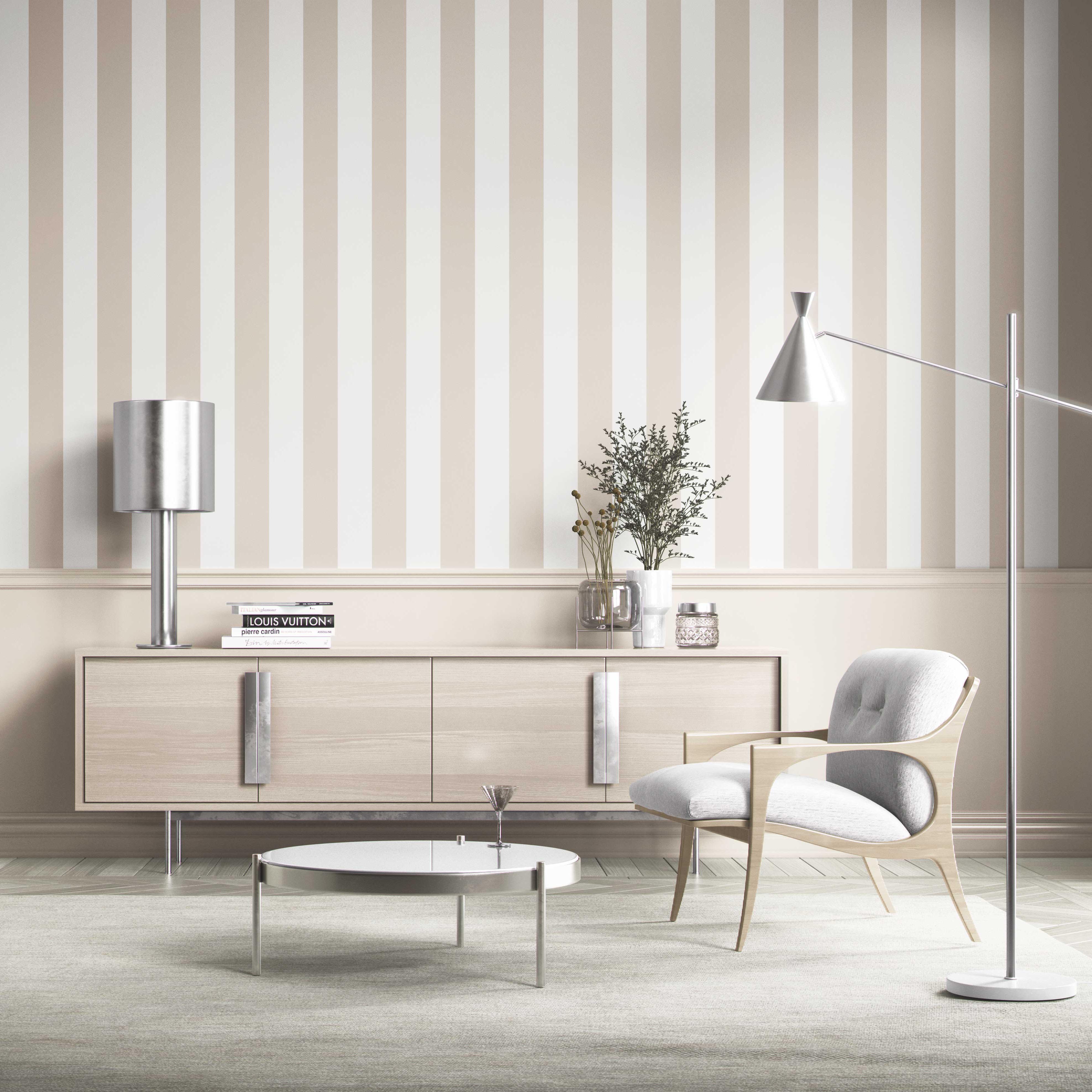 Neutral Geometric Striped Shower Toilet Wallpaper Sample (Beige/ Greige/ White)