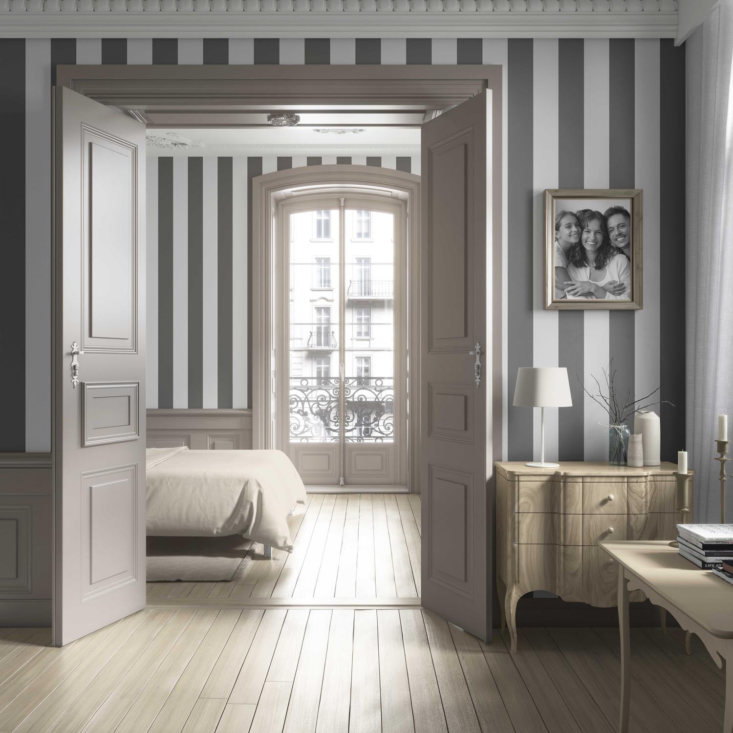 Neutral Geometric Striped Living Room Wallpaper Sample (Dark Gray/ White)
