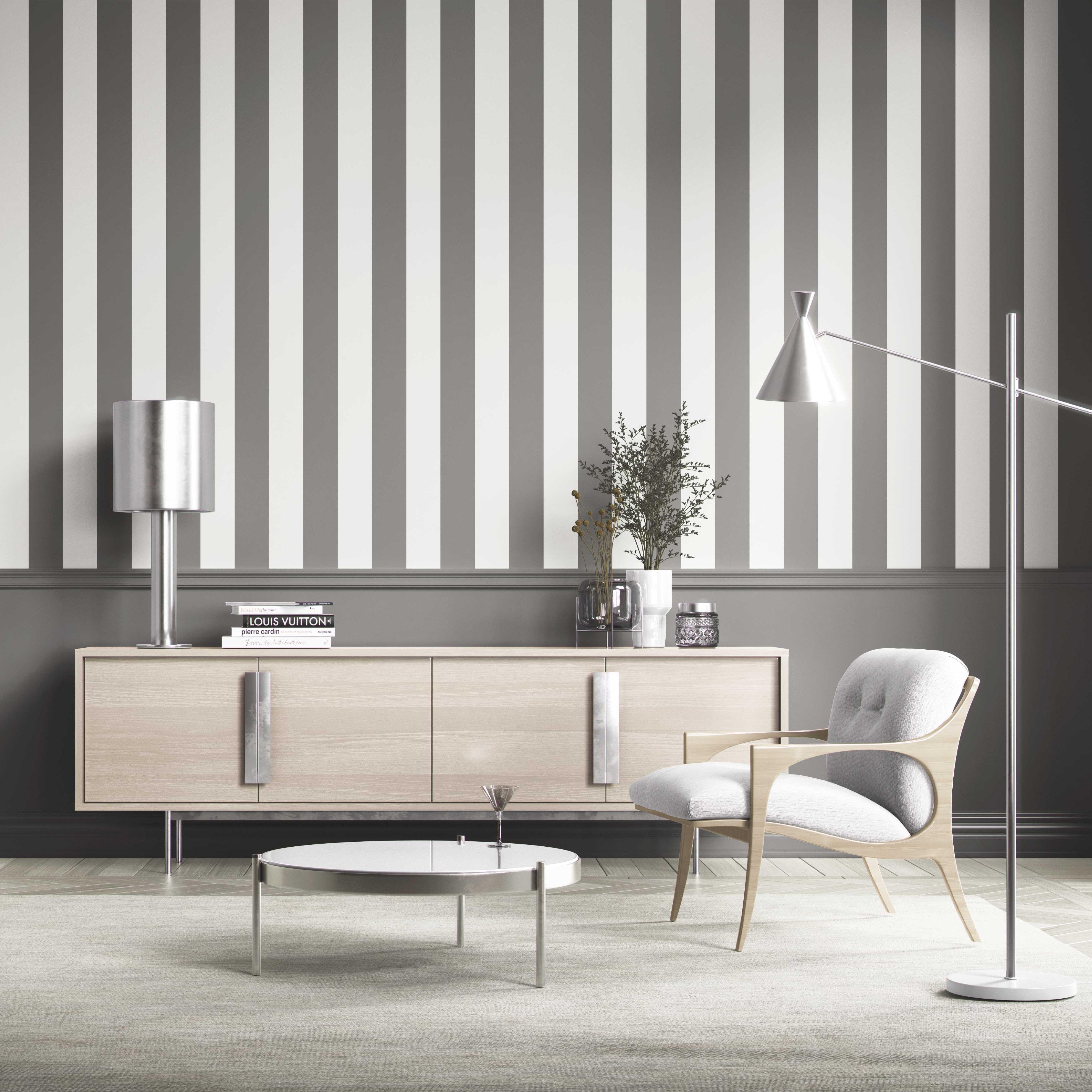 Neutral Geometric Striped Shower Toilet Wallpaper (Dark Gray/ White)