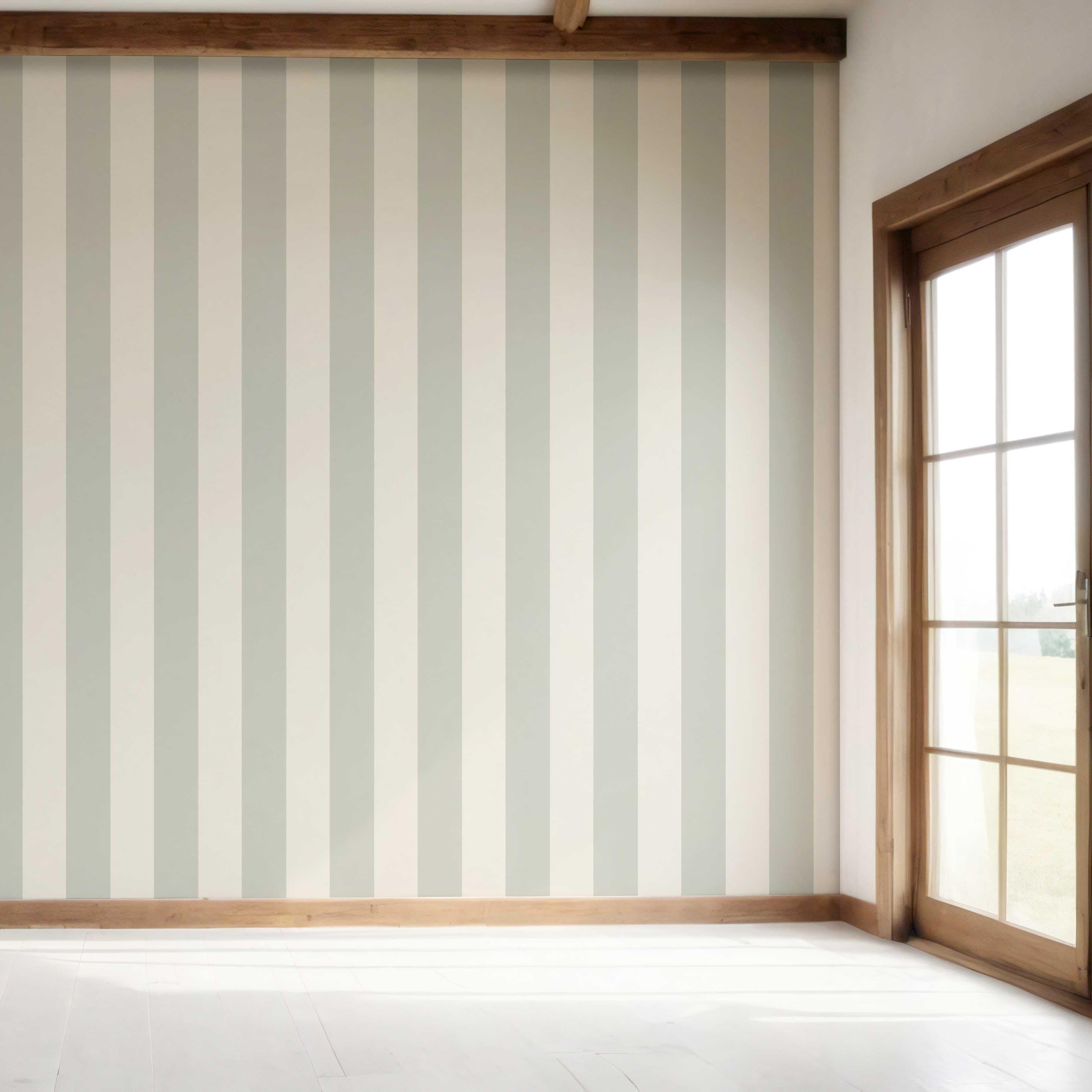 Neutral Geometric Striped Bedroom Wallpaper Sample (Sage Gray/ Cream)