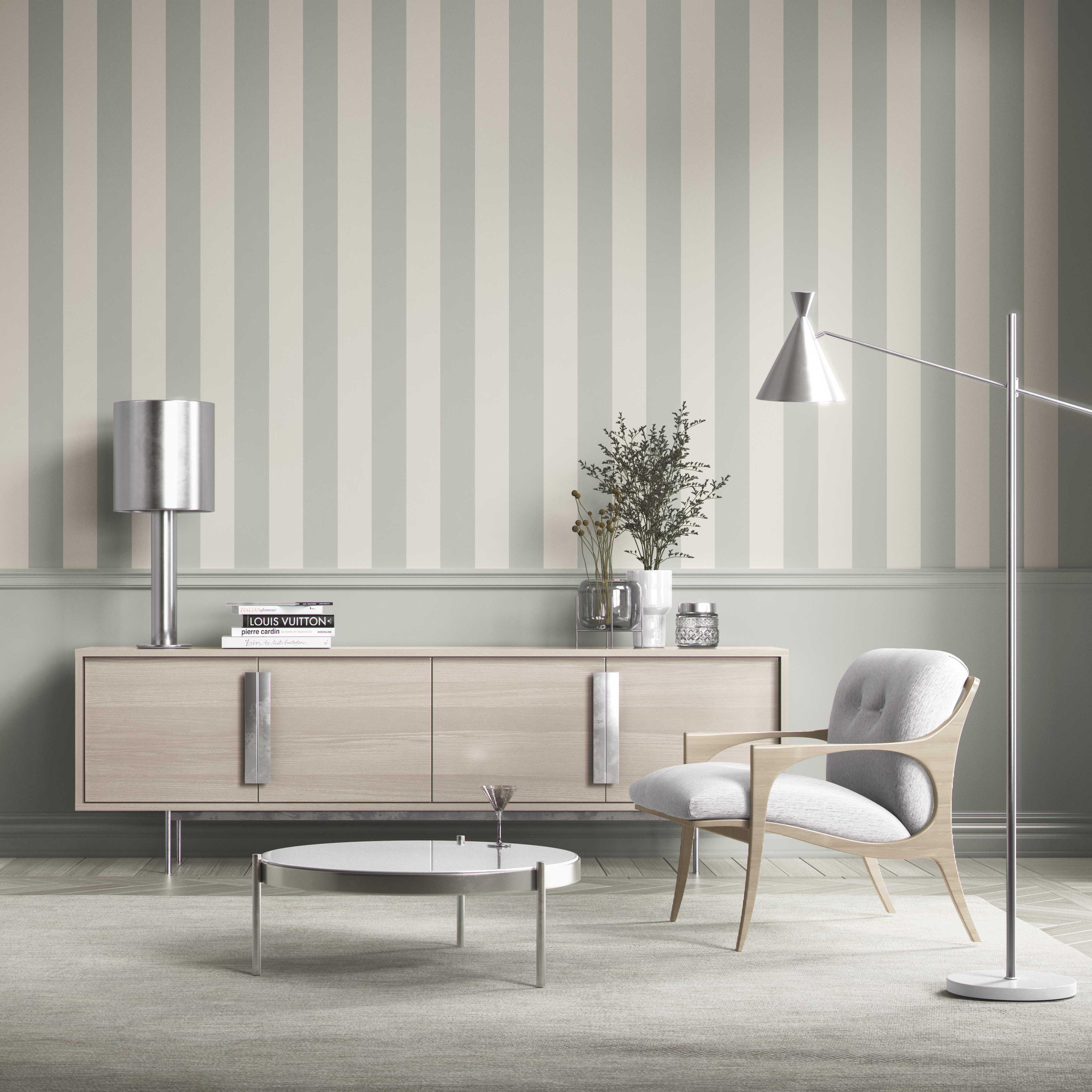 Neutral Geometric Striped Kitchen Wallpaper Sample (Sage Gray/ Cream)