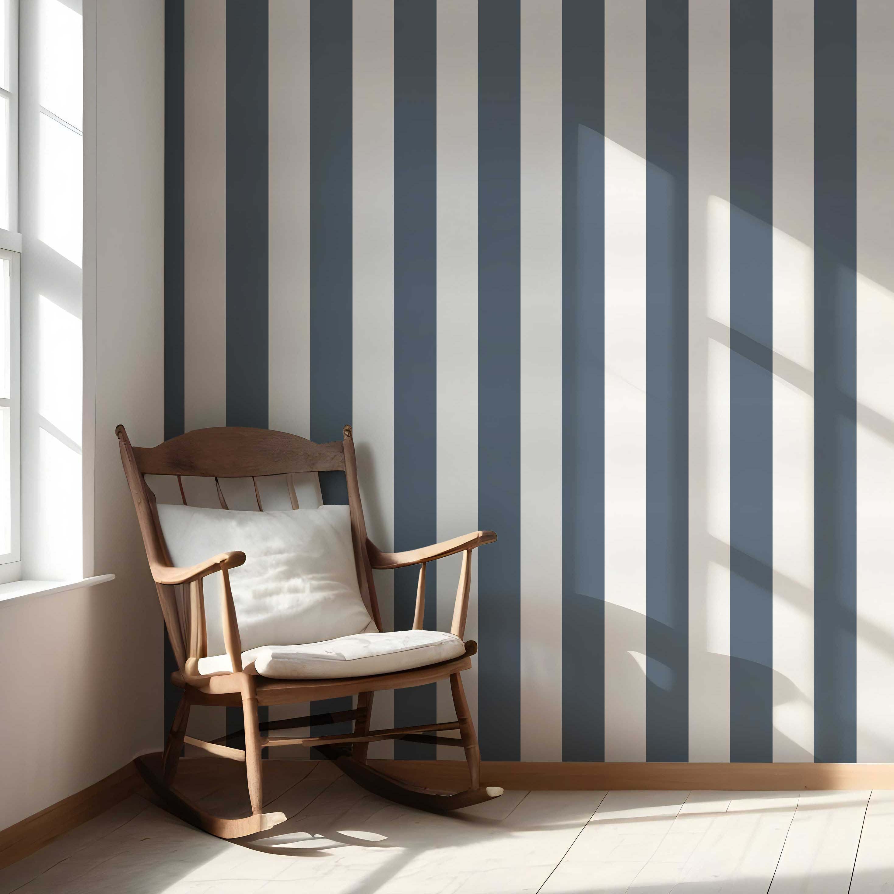 Neutral Geometric Striped Nursery Wallpaper (Slate Blue/ White)
