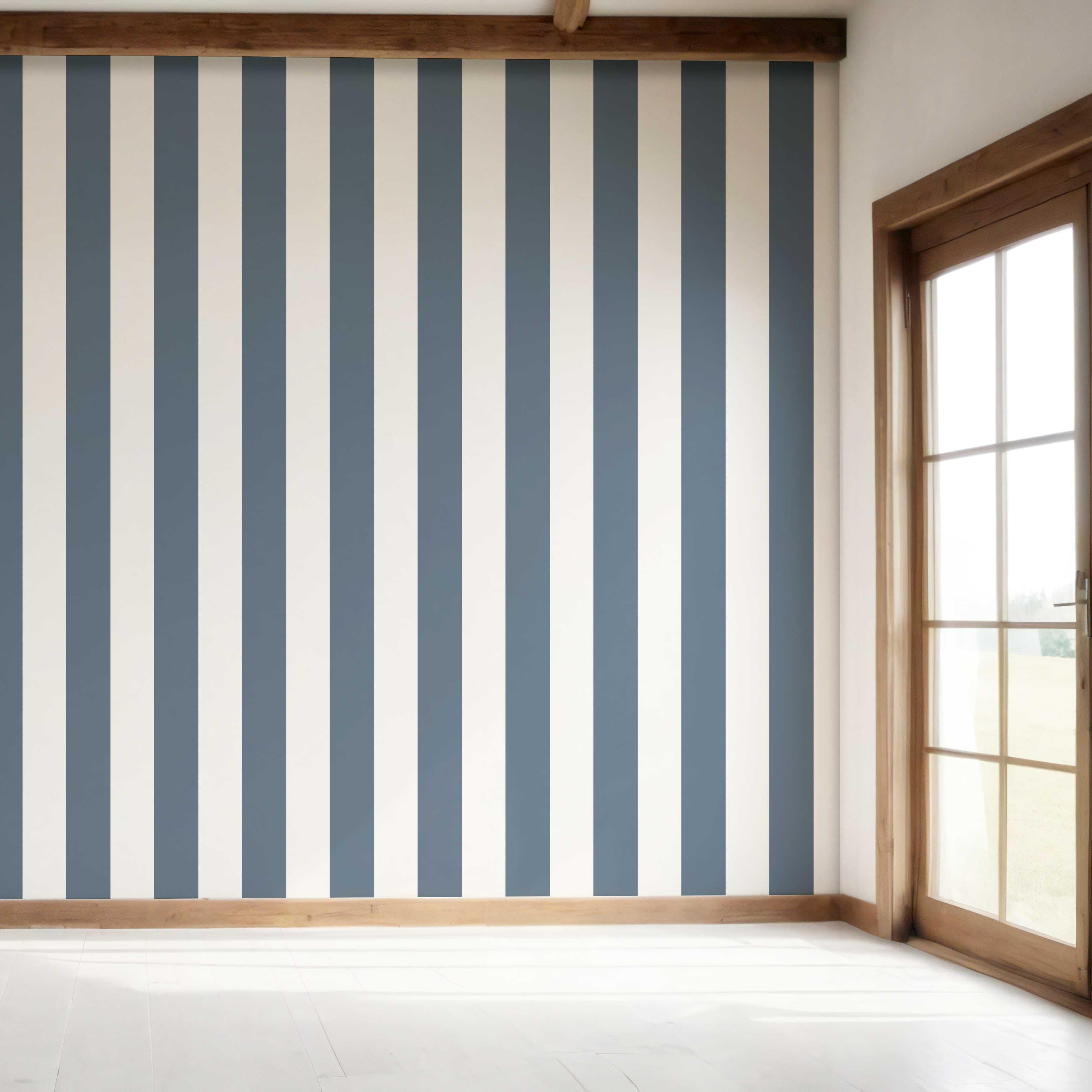 Neutral Geometric Striped Bedroom Wallpaper Sample (Slate Blue/ White)